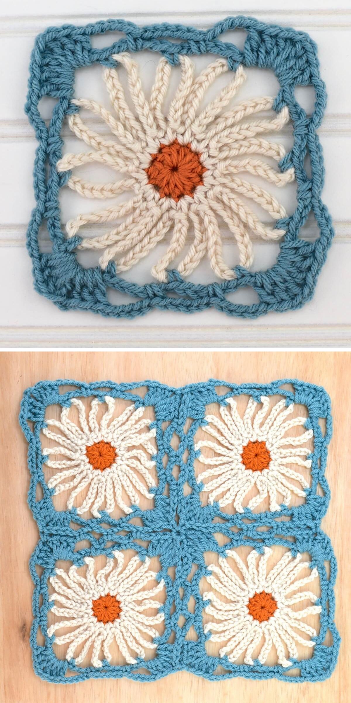 Two crochet pieces: the first displays a Crochet Flower Square with a white flower and orange center bordered in blue, while the second shows four of these squares joined together.
