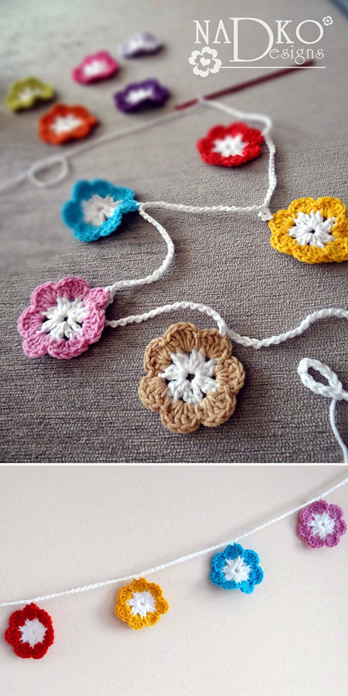 A string of colorful crocheted flowers is displayed on a neutral surface and hung against a wall, creating charming crochet home decor as a decorative garland.