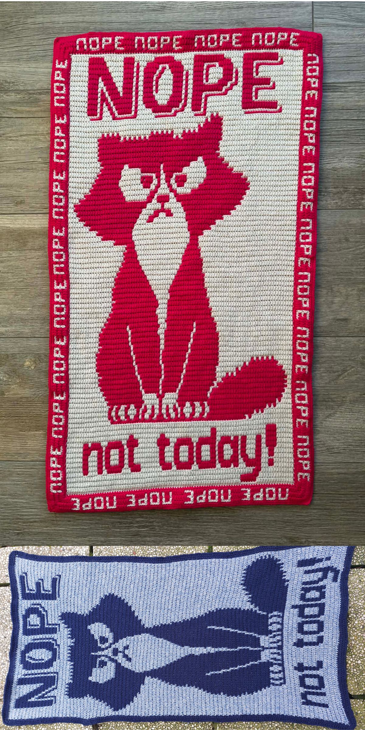 Two crocheted mats add quirky crochet home decor to your space, each featuring a grumpy cartoon cat with the word "NOPE" and the phrase "not today!"—one in red and white, the other in blue and white.
