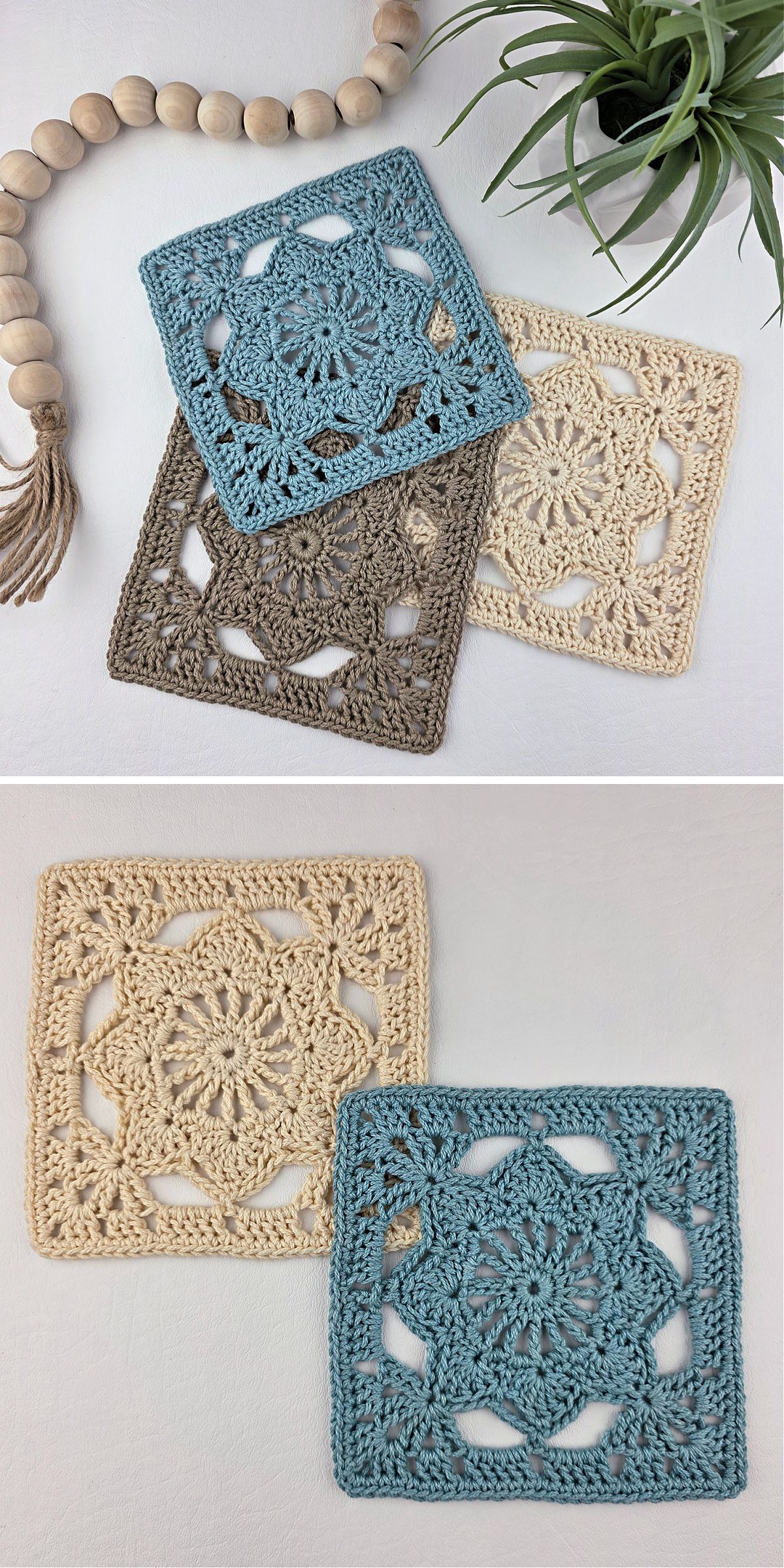 Three Crochet Flower Squares in blue, beige, and taupe displayed on a white surface, with a beaded tassel and a potted plant in the background. Close-up of two granny squares below.