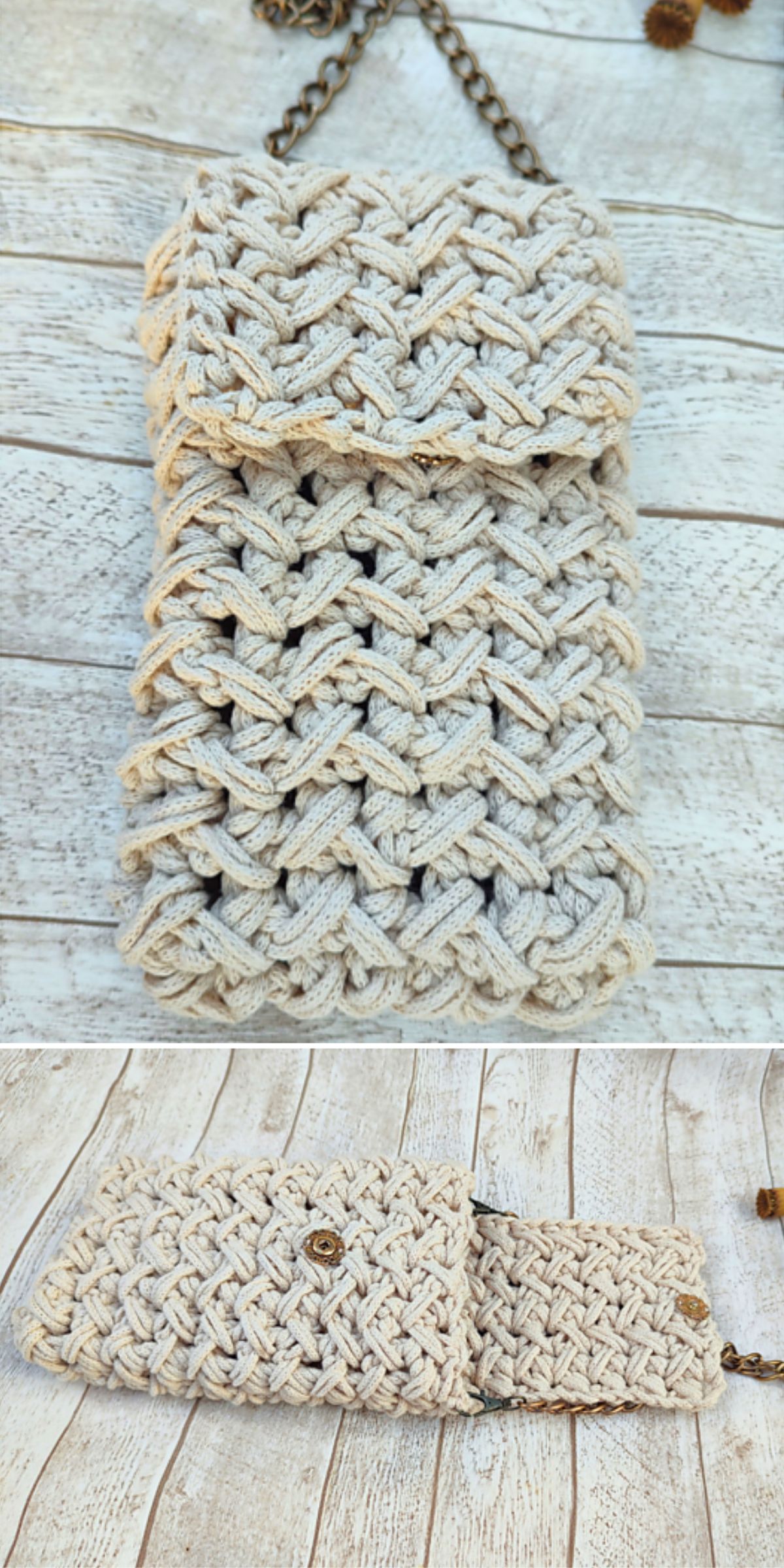 A small, rectangular, beige crochet phone bag with a flap closure and button, displayed on a wooden surface shown both closed and open.