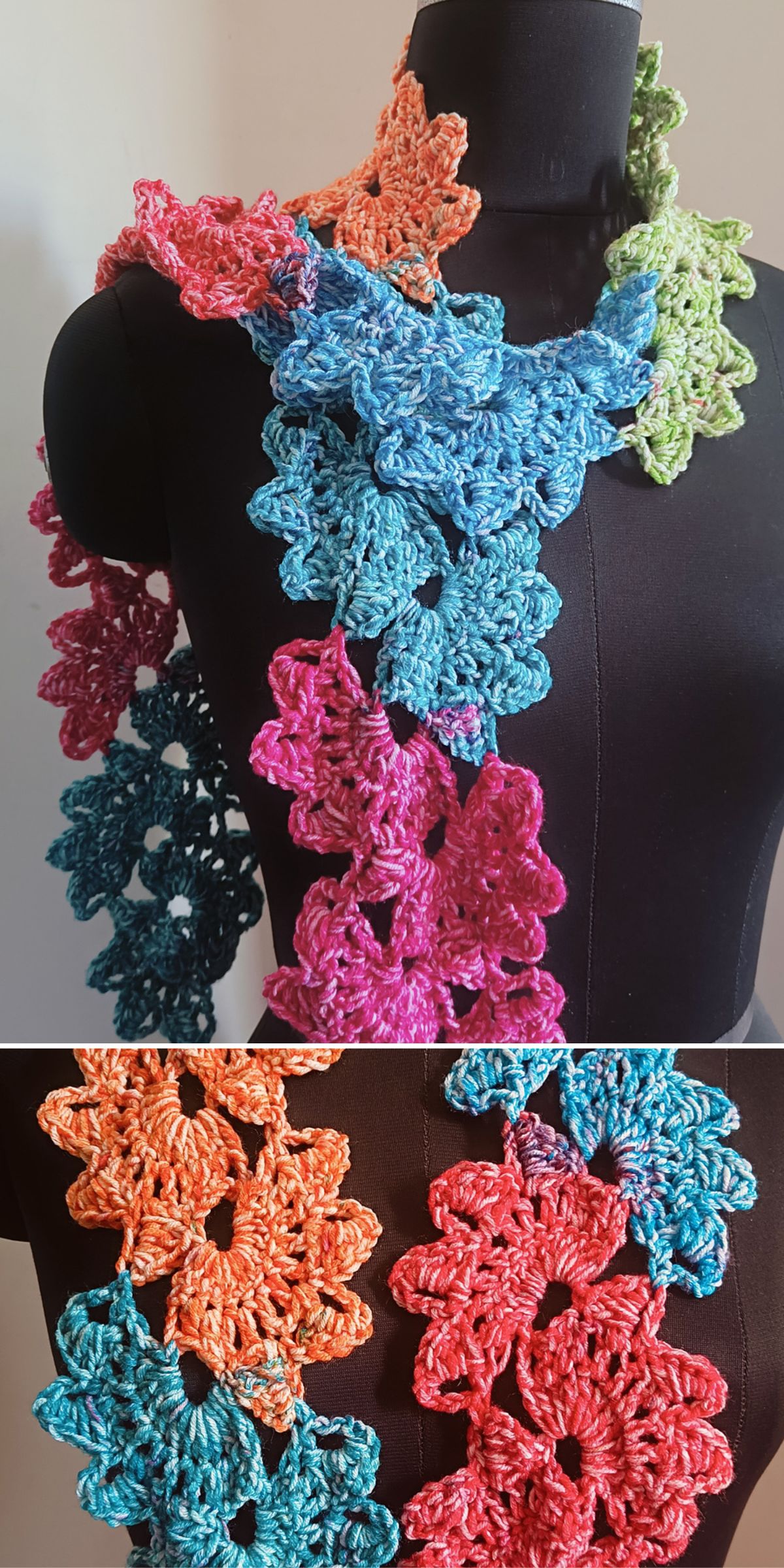 Crochet skinny scarf crafted from large, colorful flower motifs in orange, blue, green, pink, and teal, draped over a black dress form.