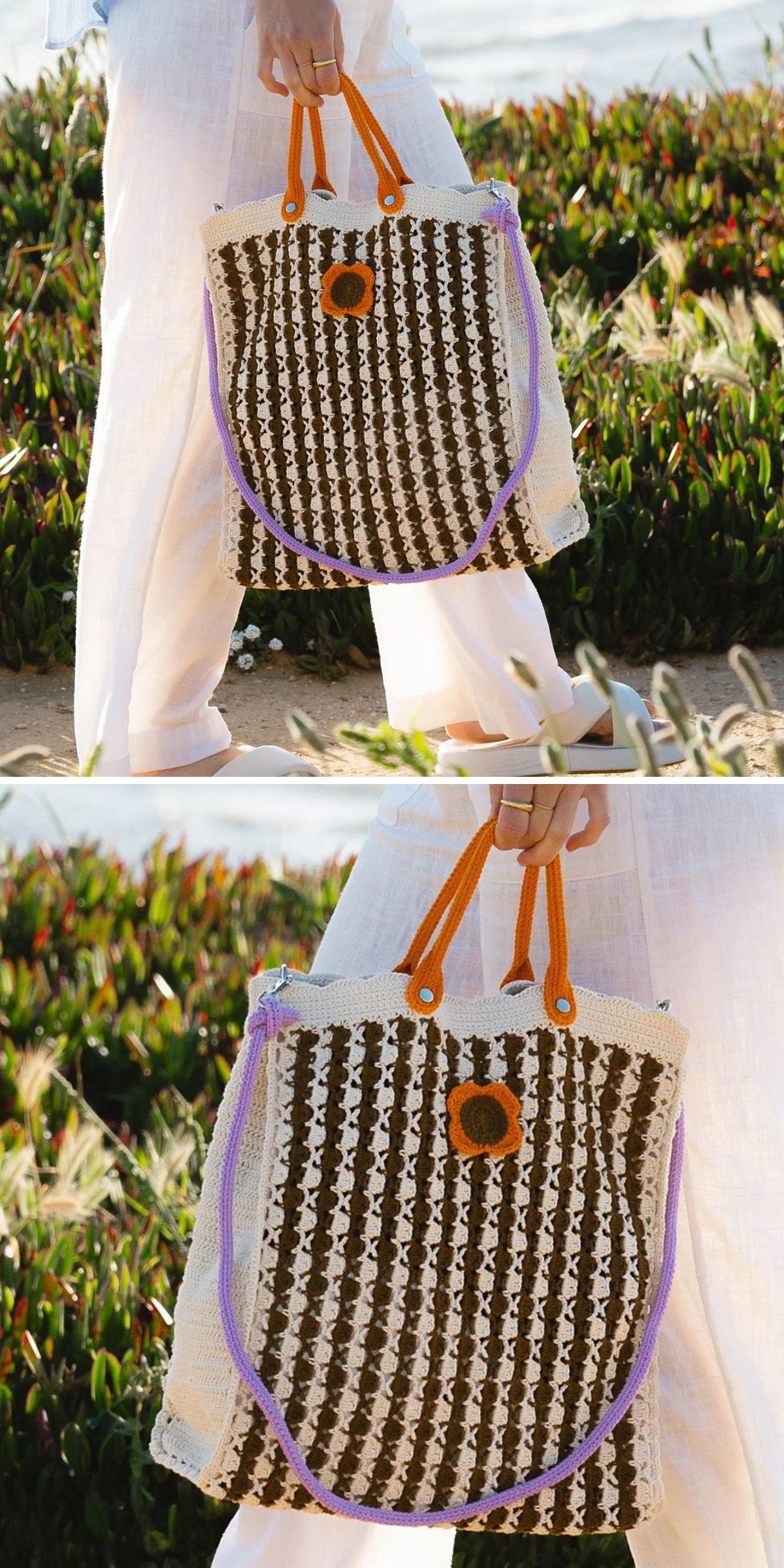 A person in white pants carries a crochet tote bag with orange handles, a brown patch, and a purple strap, standing near green plants outdoors.