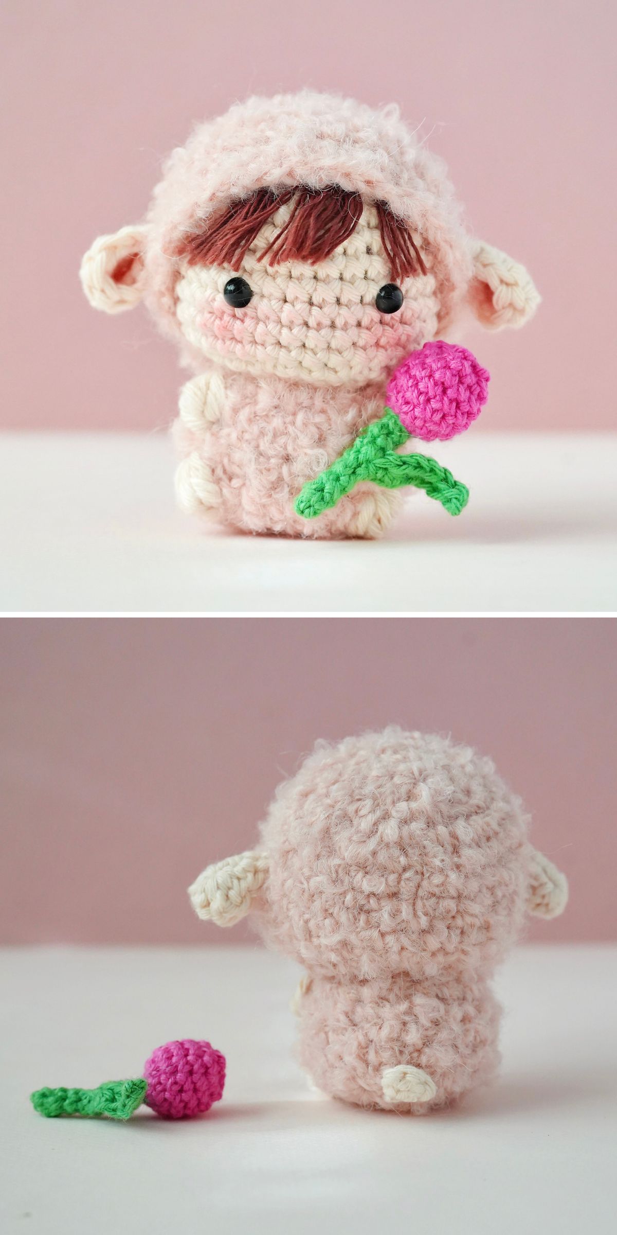 A crochet lamb plush toy with a pink body, brown hair, and small ears holds a pink flower in the first image and faces away with the flower on the ground in the second image.