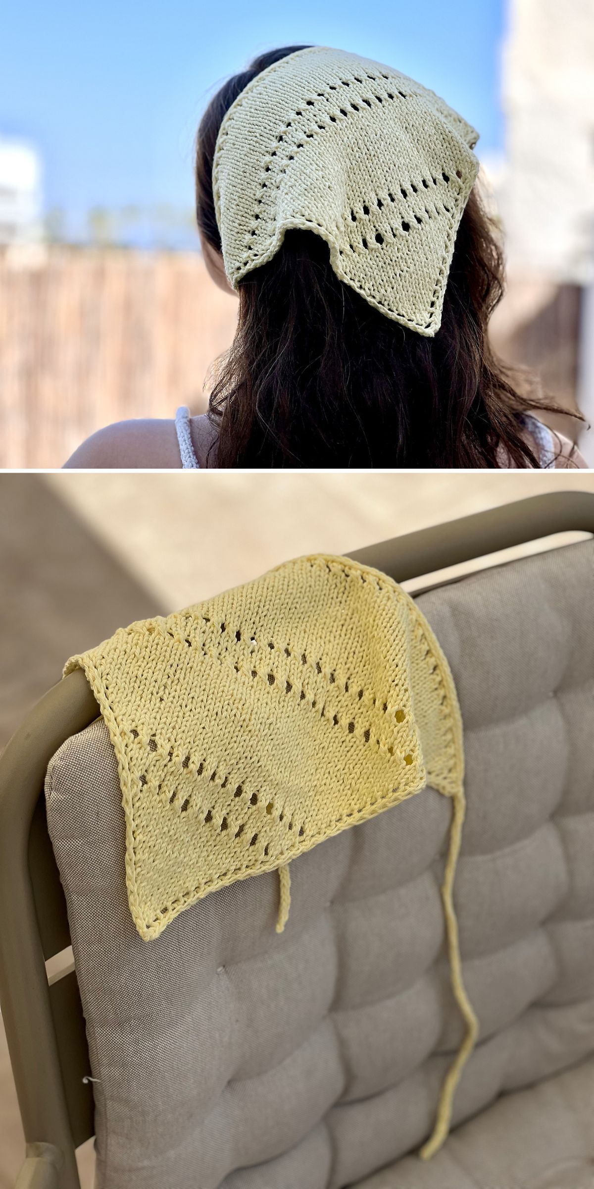 A person wearing a yellow knitted kerchief with decorative holes; below, the same piece from our Knitted Bandanas and Kerchiefs collection is displayed on a cushioned chair.