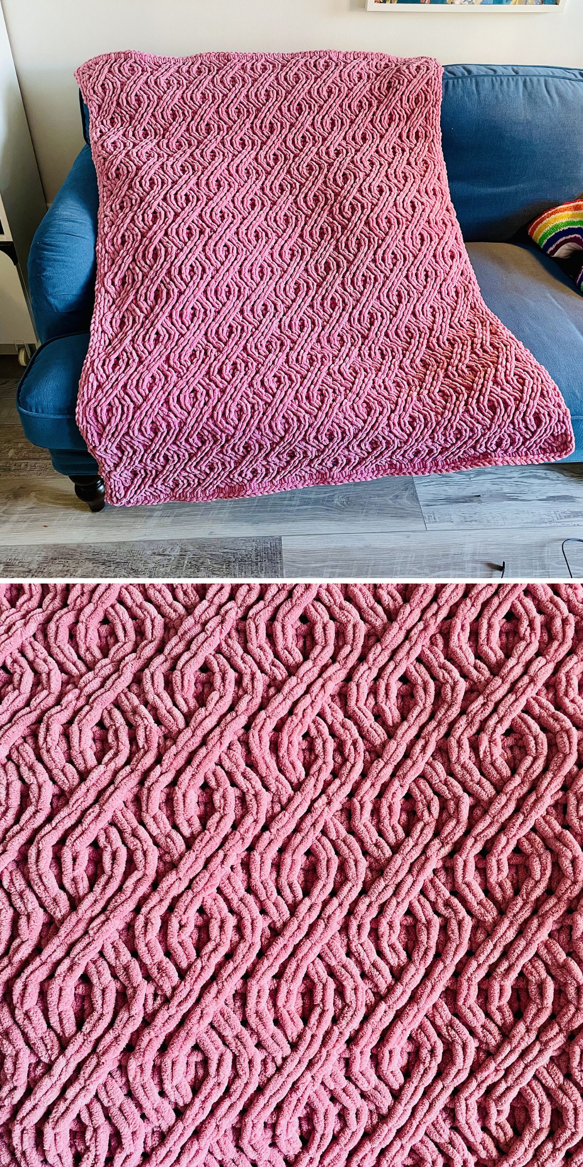 A pink textured knitting blanket with a geometric diamond pattern is draped over a blue couch; close-up shows the intricate raised design.