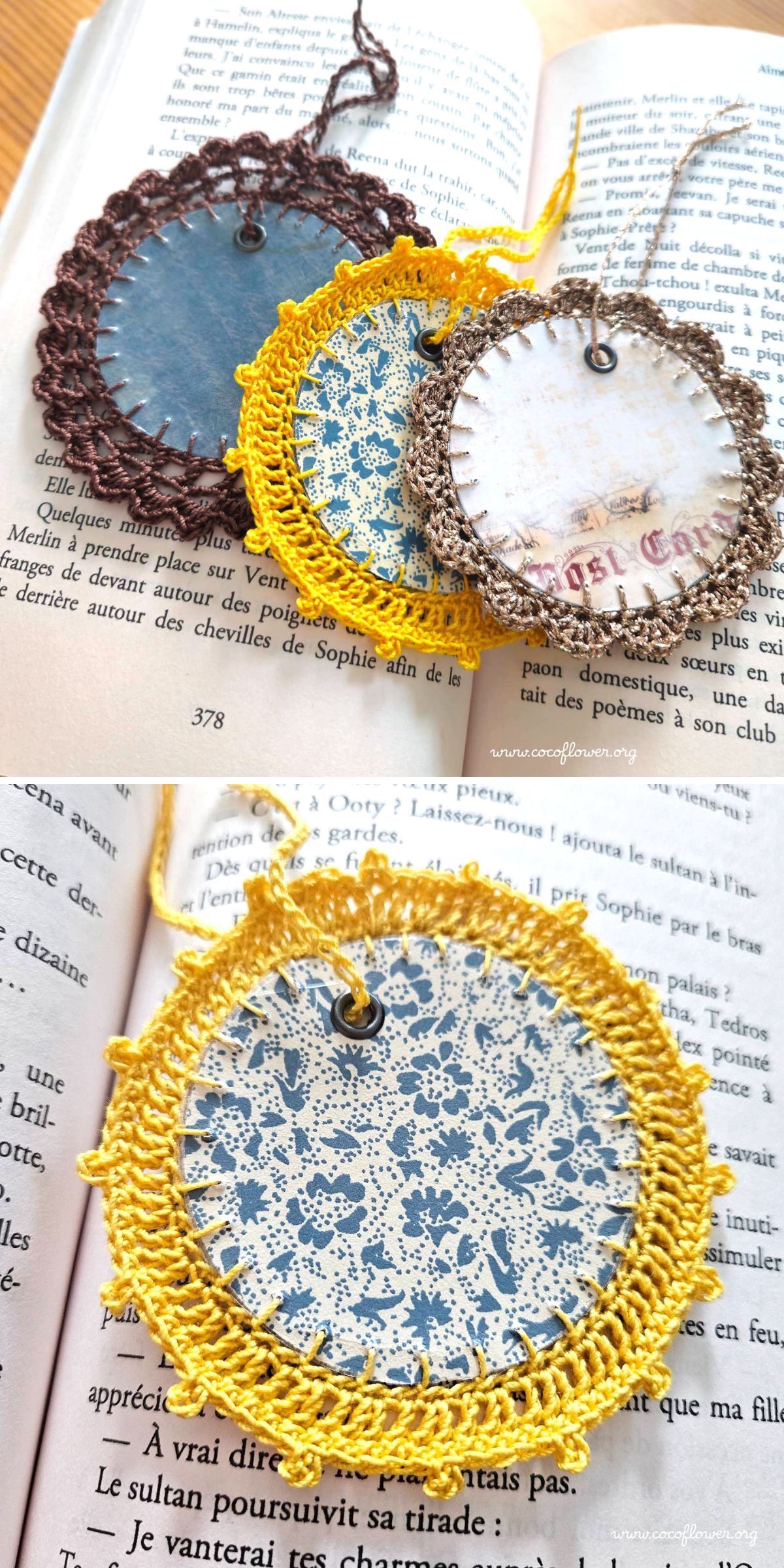 Three crochet bookmarks with circular shapes and crocheted yellow and brown edges rest on an open book, featuring blue and white patterned paper centers.