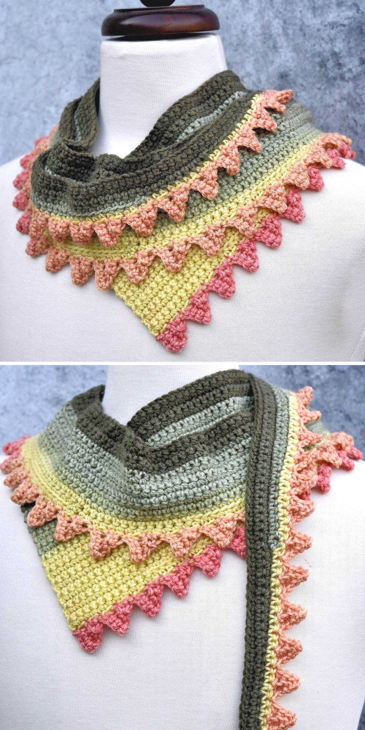 A mannequin displays a crocheted triangular scarf with green, yellow, and pink colors, featuring a decorative pink edging.