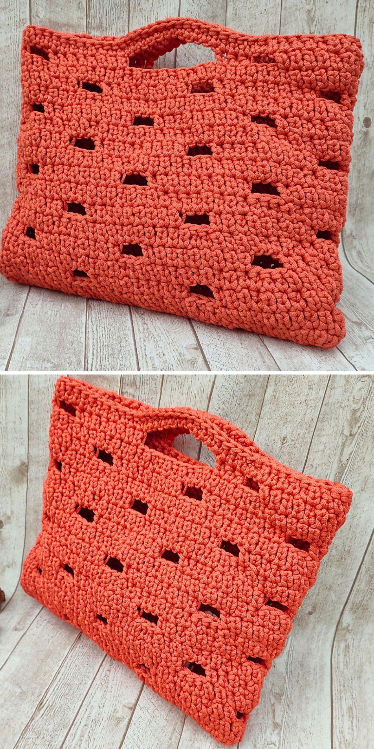 Two views of a rectangular, coral-colored crochet tote bag with cut-out square holes and built-in handles, placed on a wooden surface.