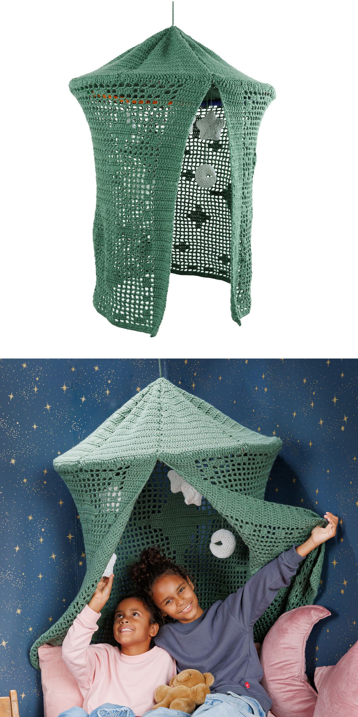 A green crocheted hanging canopy, a charming piece of crochet home decor, is shown alone in the first image. In the second image, two smiling children sit beneath it in a room with star-patterned wallpaper.