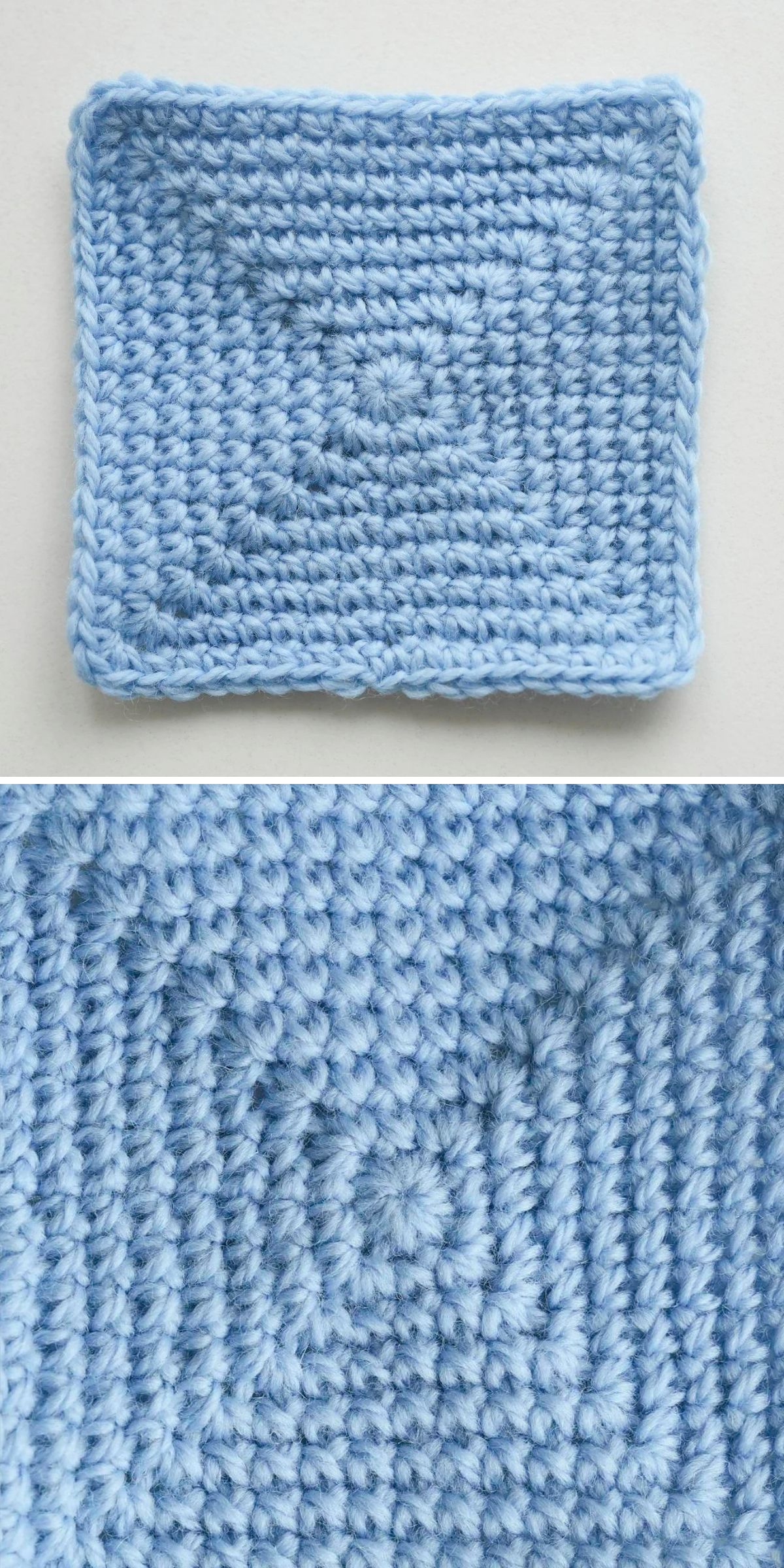 A blue crocheted square featuring a textured, raised spiral pattern, crafted with a unique crochet stitch, shown in both full view and close-up detail.
