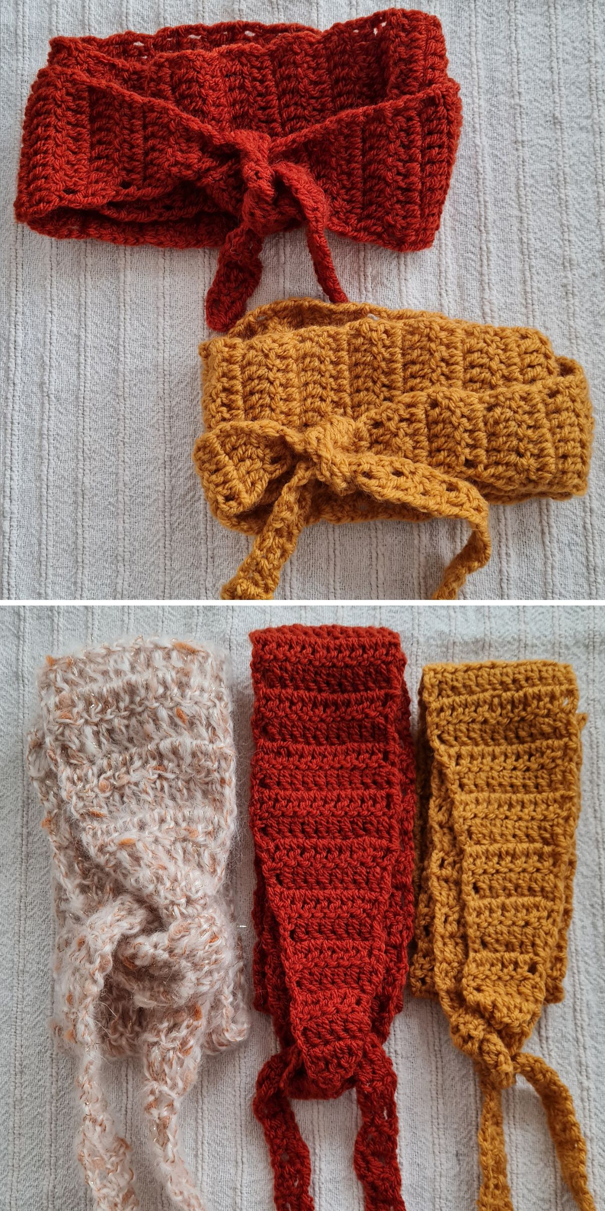 Four crocheted neck scarves in red, mustard yellow, and beige are displayed on a textured white surface, shown both tied and laid flat — perfect for wearing as a headband or styling as a crochet skinny scarf.