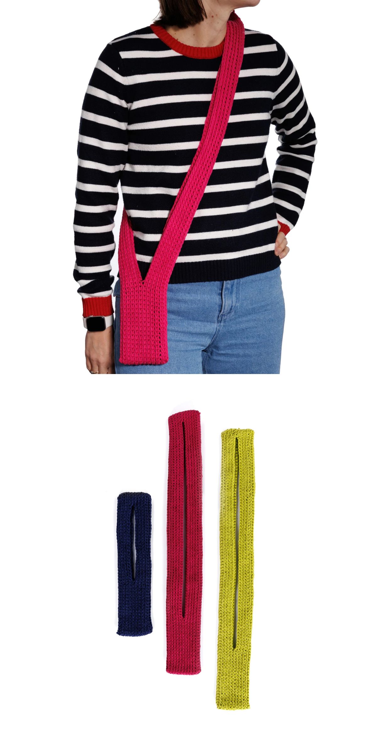 A person wearing a striped sweater and jeans with a pink crochet phone bag; below are three additional loop phone nags in blue, pink, and yellow — each featuring a slit that's perfect for threading through keys, phones, or other small accessories.