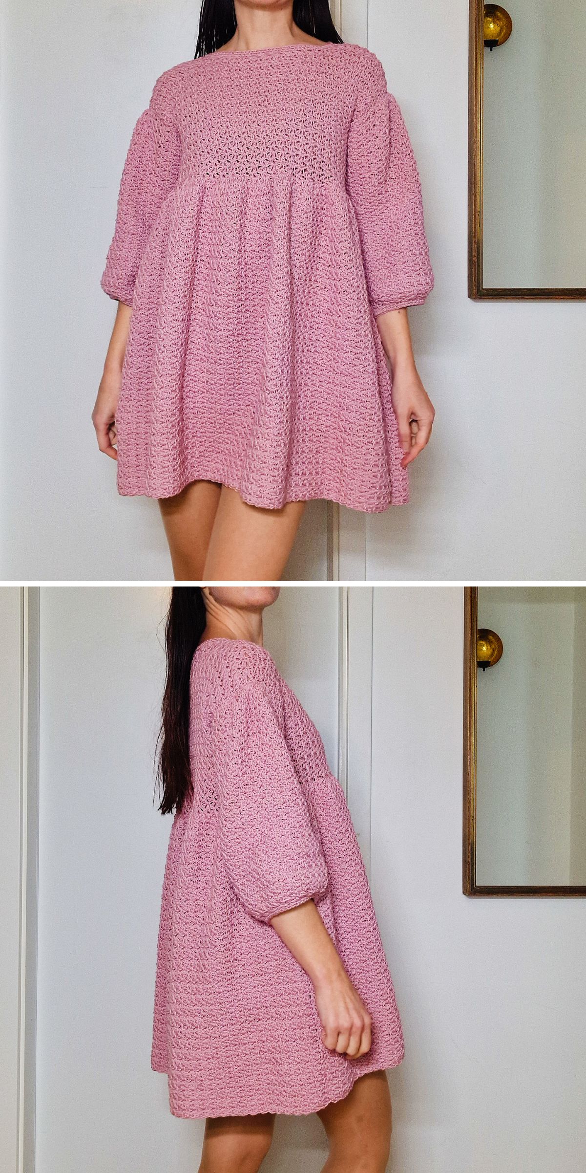 A person models a loose-fitting, textured pink crochet dress with three-quarter sleeves, shown from the front and side against a plain indoor background.