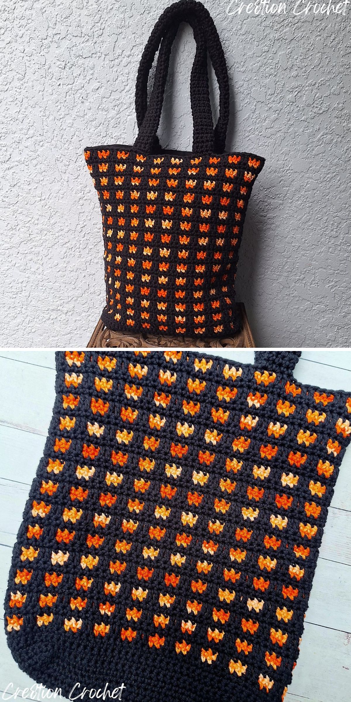 This crochet tote bag features rows of small orange and yellow stitches on a black background, displayed against a wall and laid flat to highlight its detailed pattern.