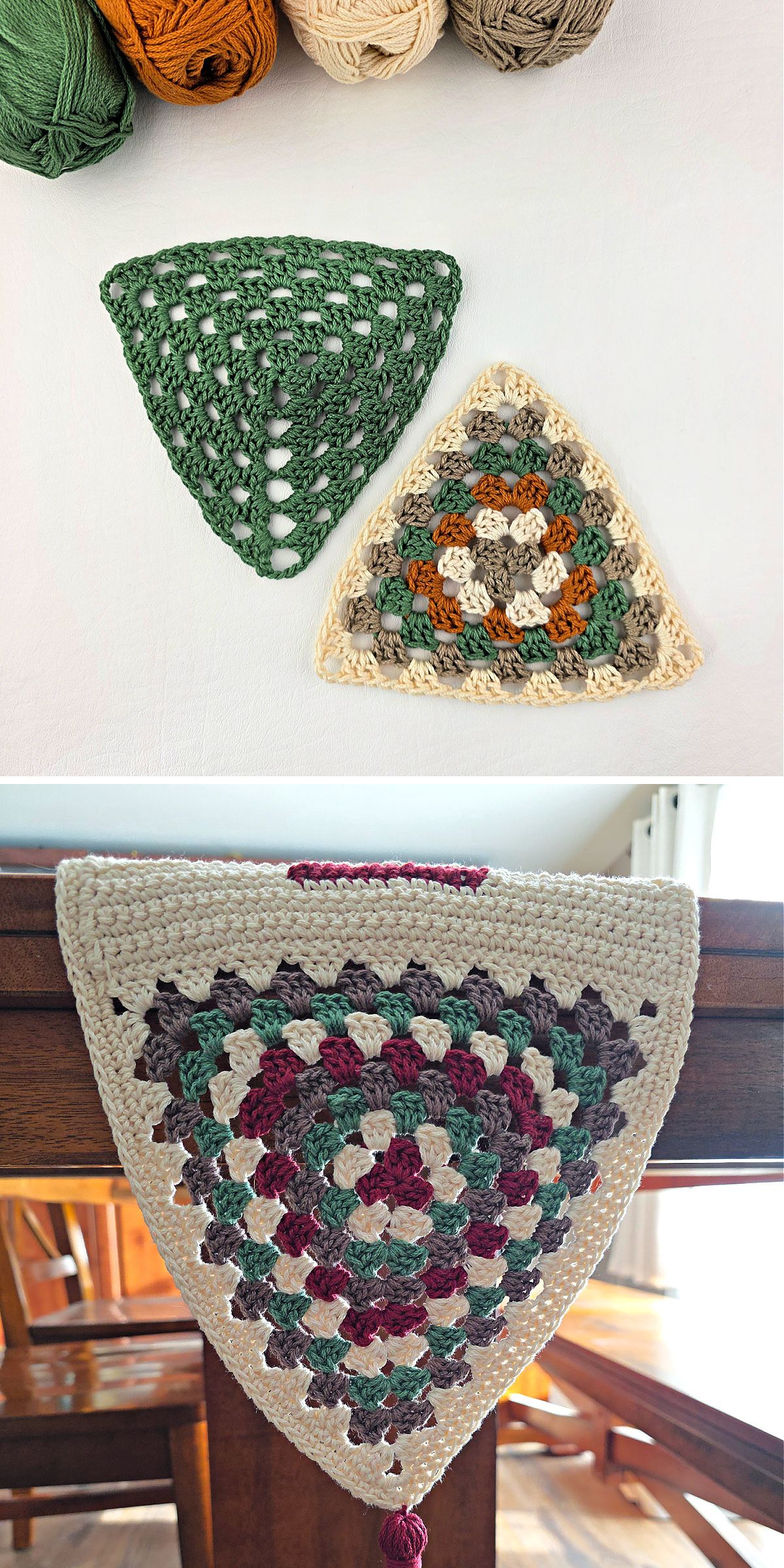 Two crocheted triangular bunting pieces in various colors and patterns, each crafted with unique crochet stitch designs, with one piece displayed hanging from a wooden table in a cozy home setting.