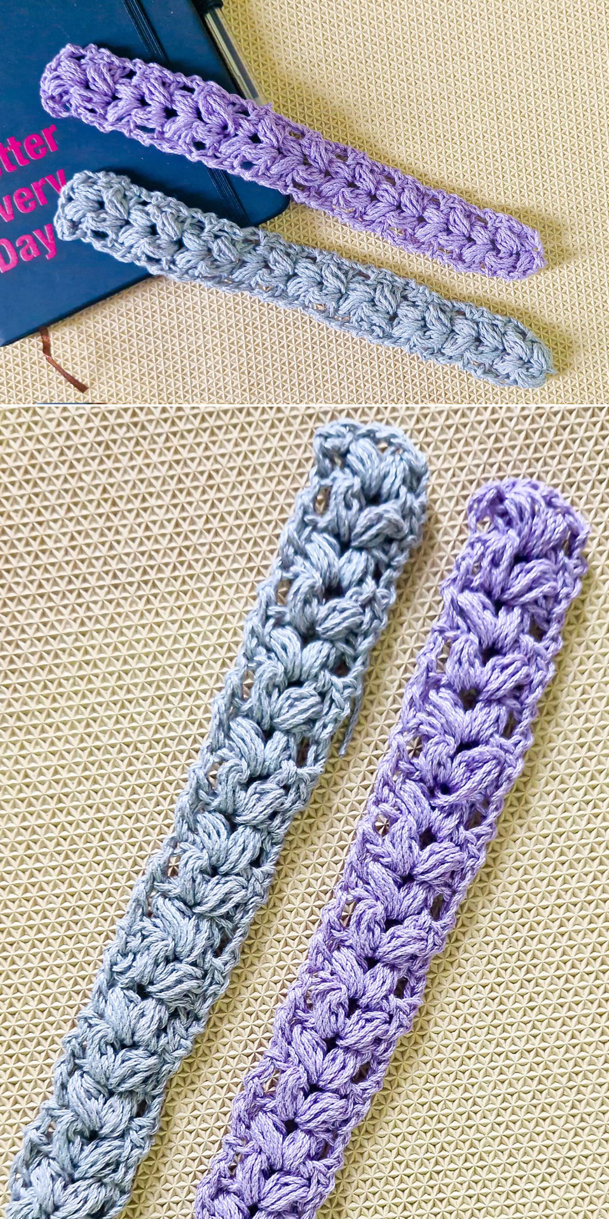 Two hand-crocheted bookmarks, one purple and one gray, displayed on a textured beige surface next to a dark-colored book and a delicate crochet bookmark.