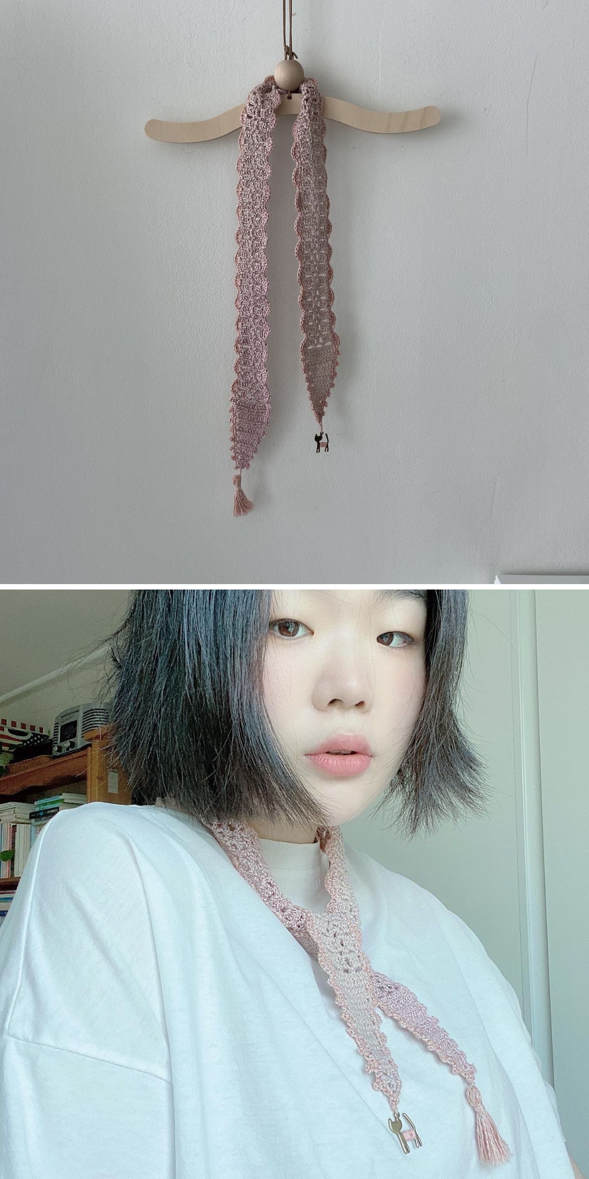 A light pink crochet skinny scarf necktie with a small charm hangs on a wooden hanger; in the second image, a woman wears the tie over a white shirt.