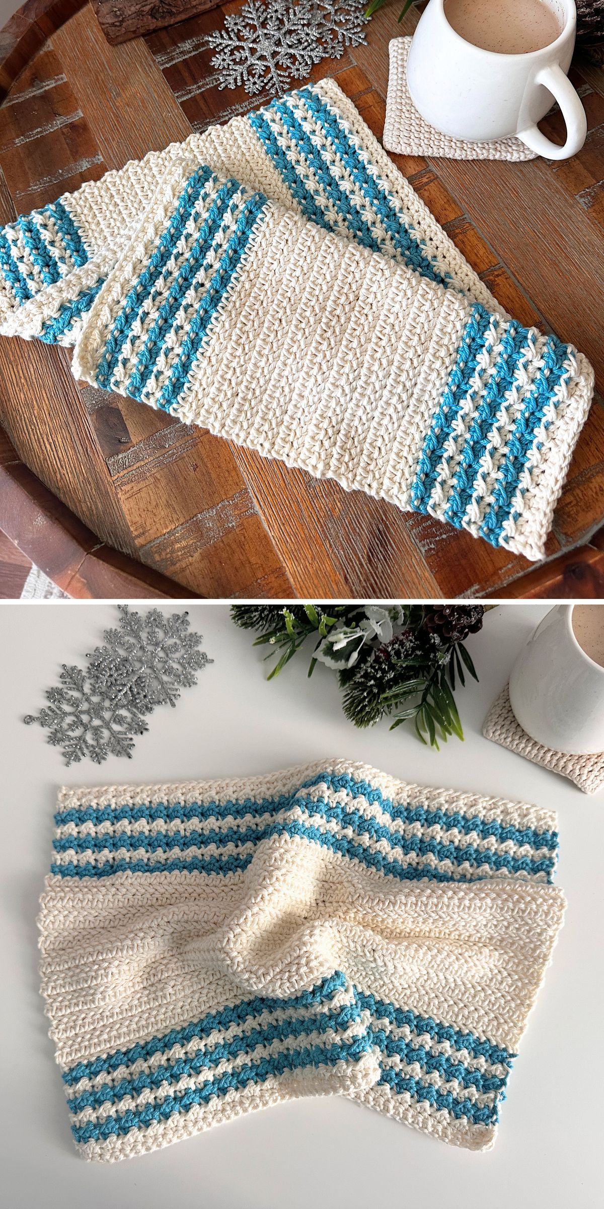 Two images show a crocheted towel in cream with blue and teal stripes, displayed on a wooden table and a white surface next to a mug, snowflake decorations.