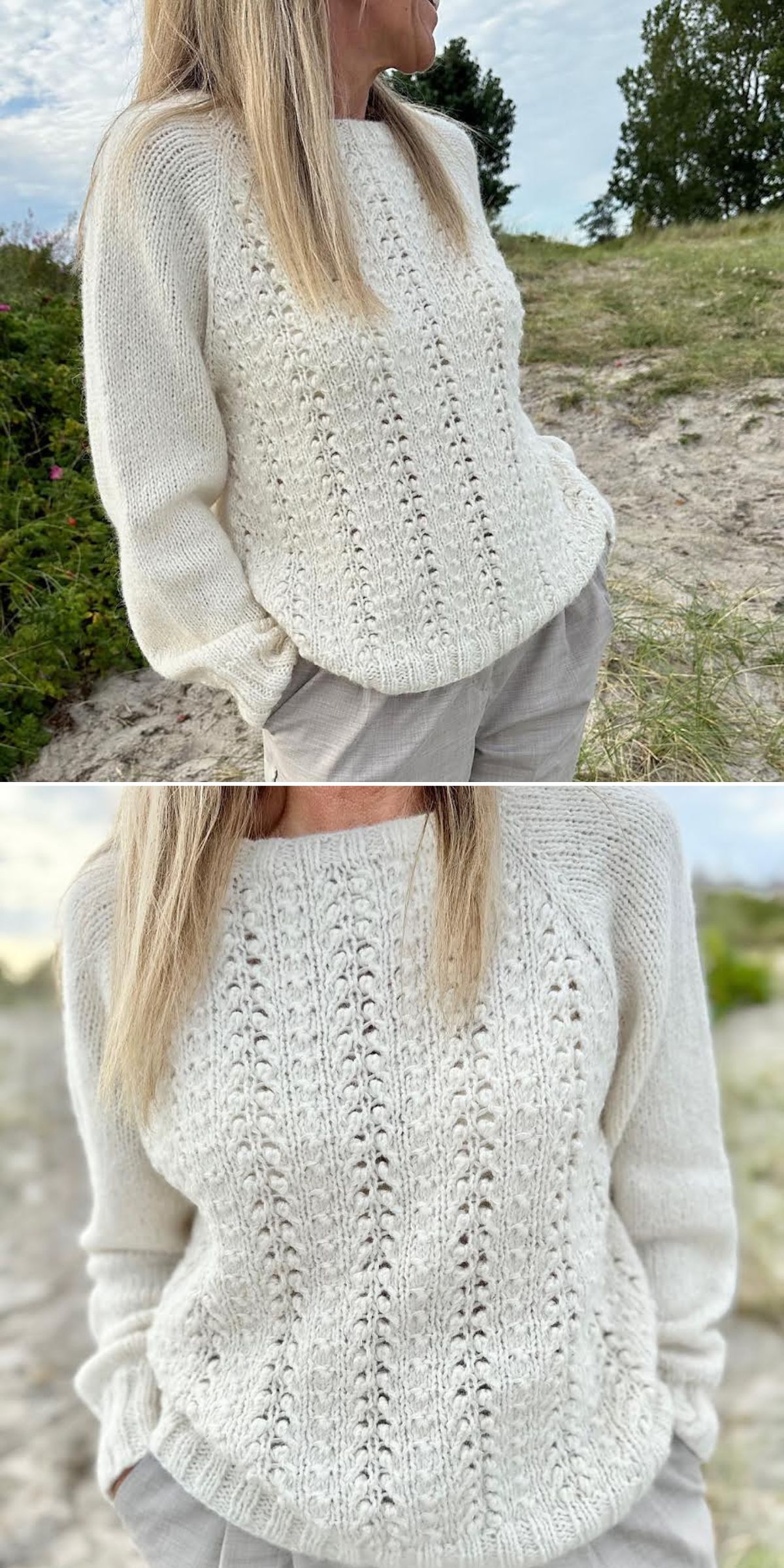 A woman wearing a white knitted sweater, showcasing intricate knitting patterns for sweaters, and light gray pants stands outdoors on a sandy path with greenery and trees in the background.