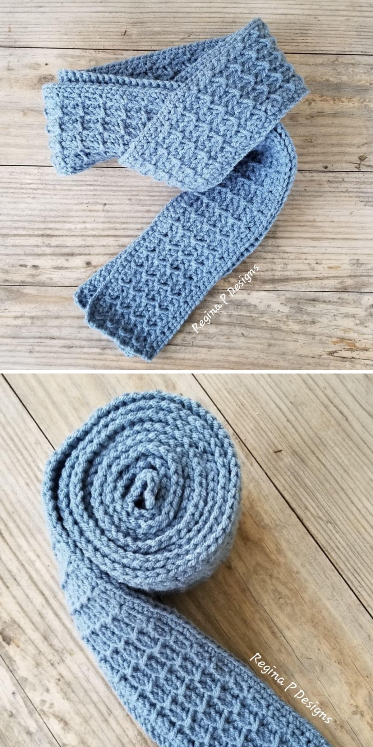 Two images of a hand-knitted blue skinny scarf with a textured pattern, shown both laid flat and rolled up on a wooden surface.