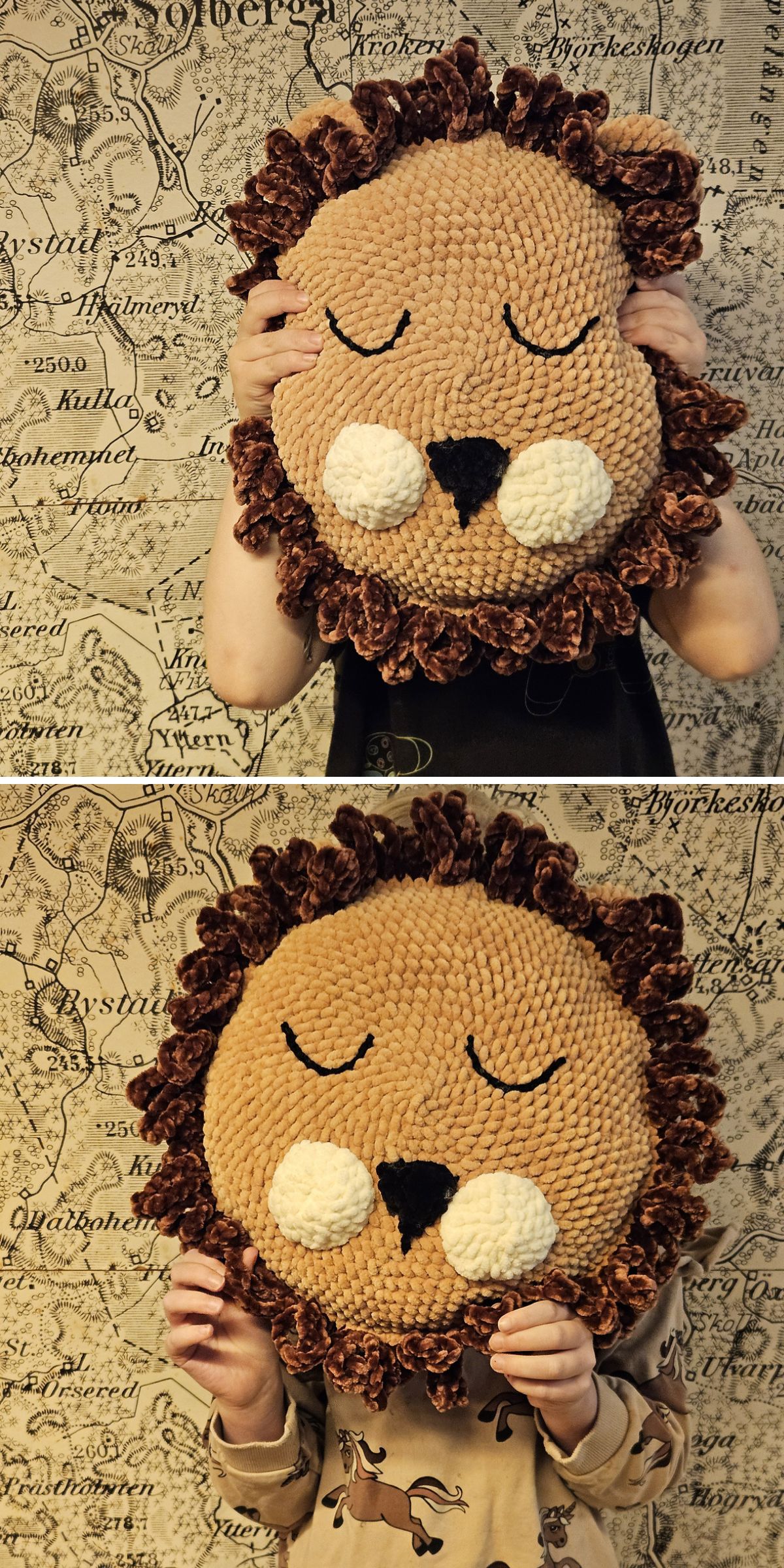 two children holding a crochet pillow shaped like a lion in front of their faces