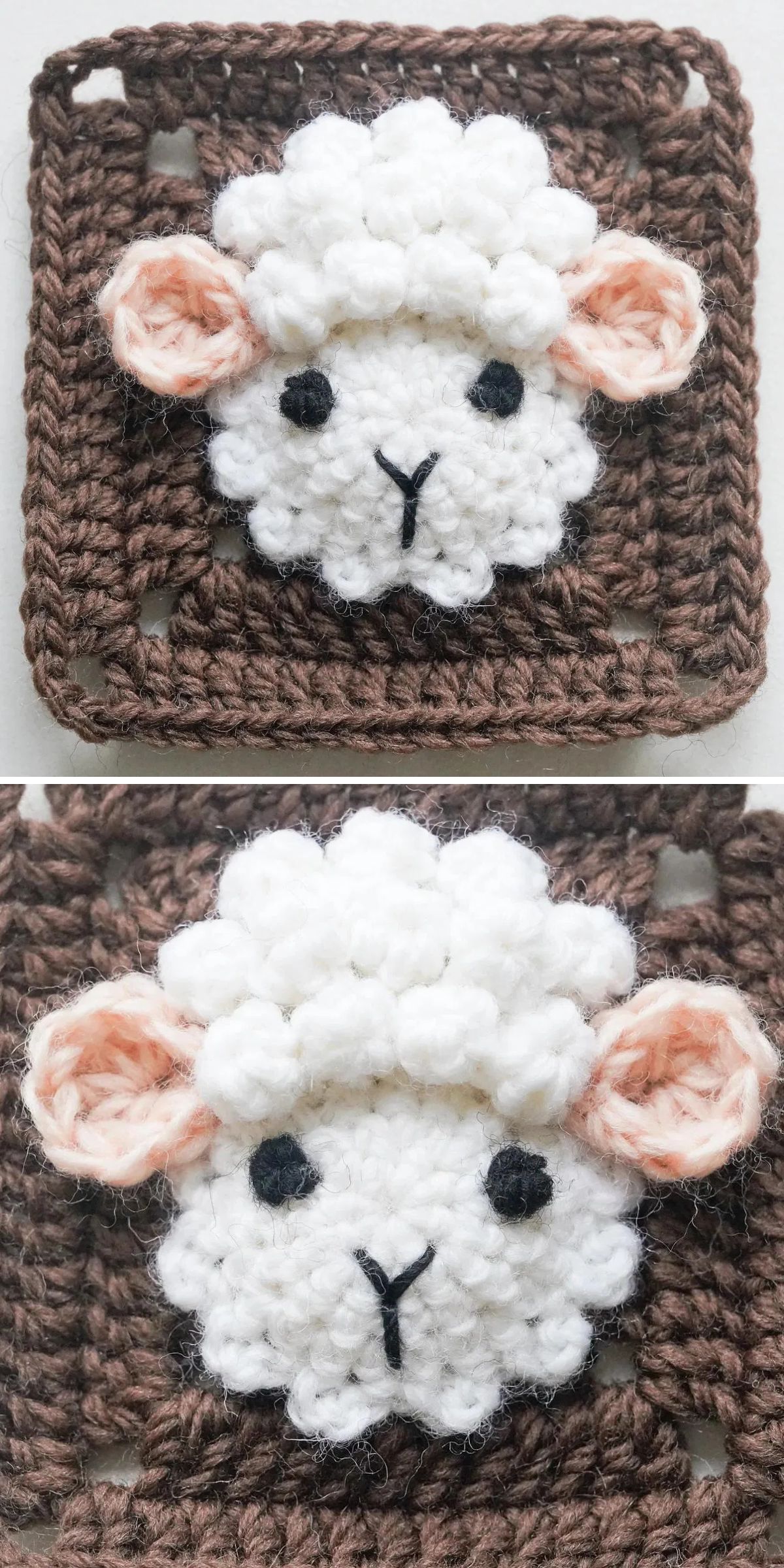 Two close-up photos of a crocheted square showcase a sheep's face with white wool, black eyes, pink ears, and a brown background — perfect for fans of cute animal crochet or to pair with a crochet llama design.