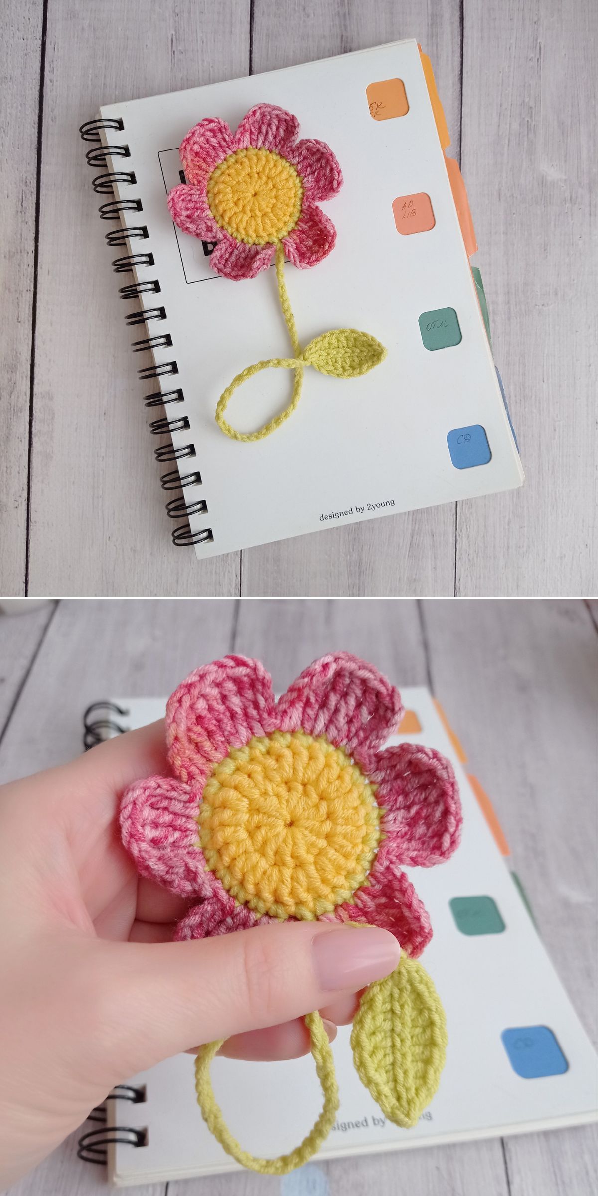 A crocheted pink and yellow flower with a green leaf and stem, designed as a crochet bookmark, lies on top of a spiral notebook; in the second image, a hand holds the flower.