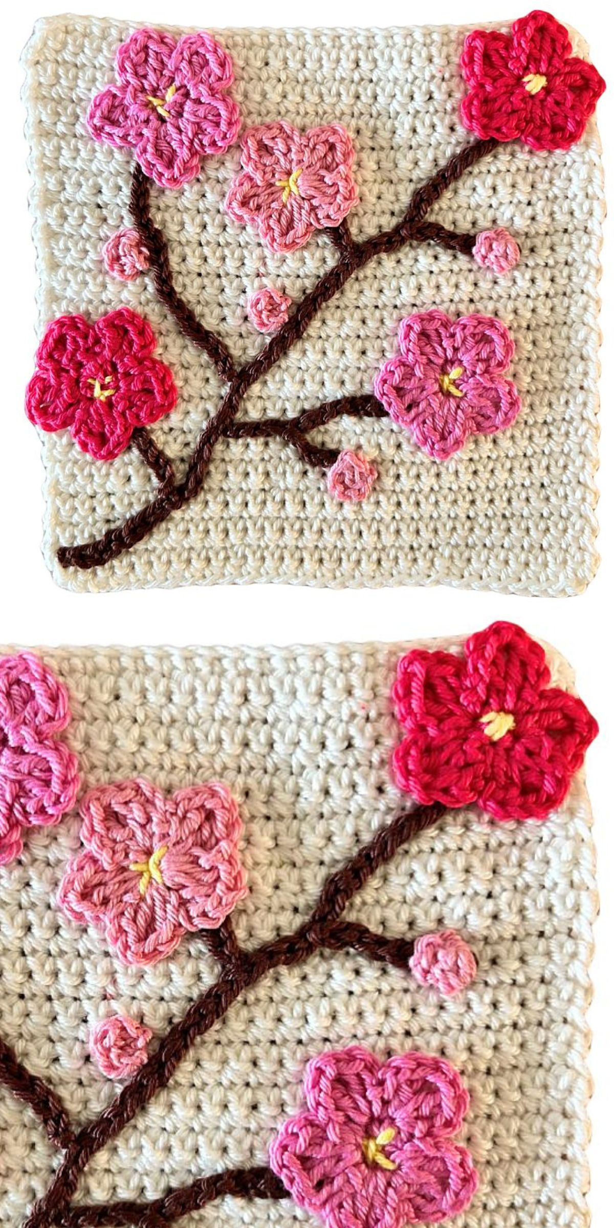 A Crochet Flower Square features a brown branch adorned with pink and red crocheted flowers and buds on a soft cream background.