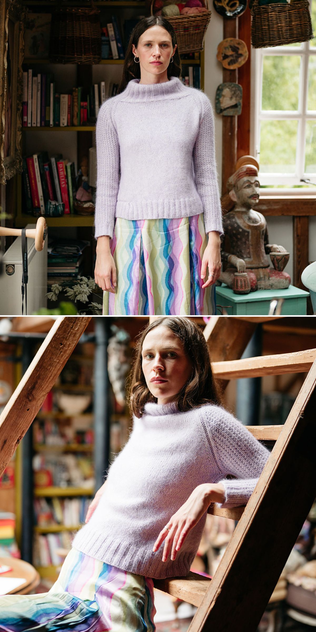 A woman wearing a lavender sweater inspired by knitting patterns for sweaters and a colorful striped skirt stands indoors near bookshelves and sits on wooden stairs in a cozy, eclectic room.