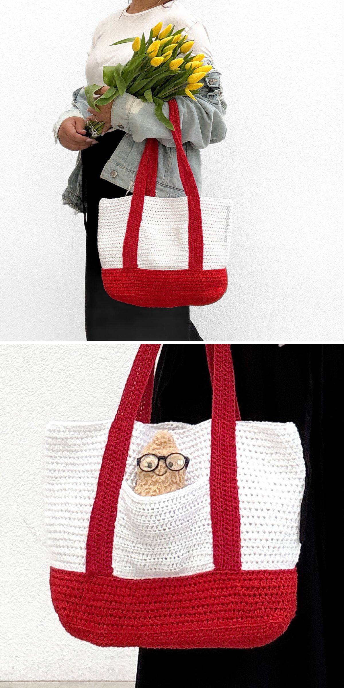 A person holds a bouquet of yellow tulips and a charming crochet tote bag; in the next image, the crochet tote bag carries a small dog sporting glasses.