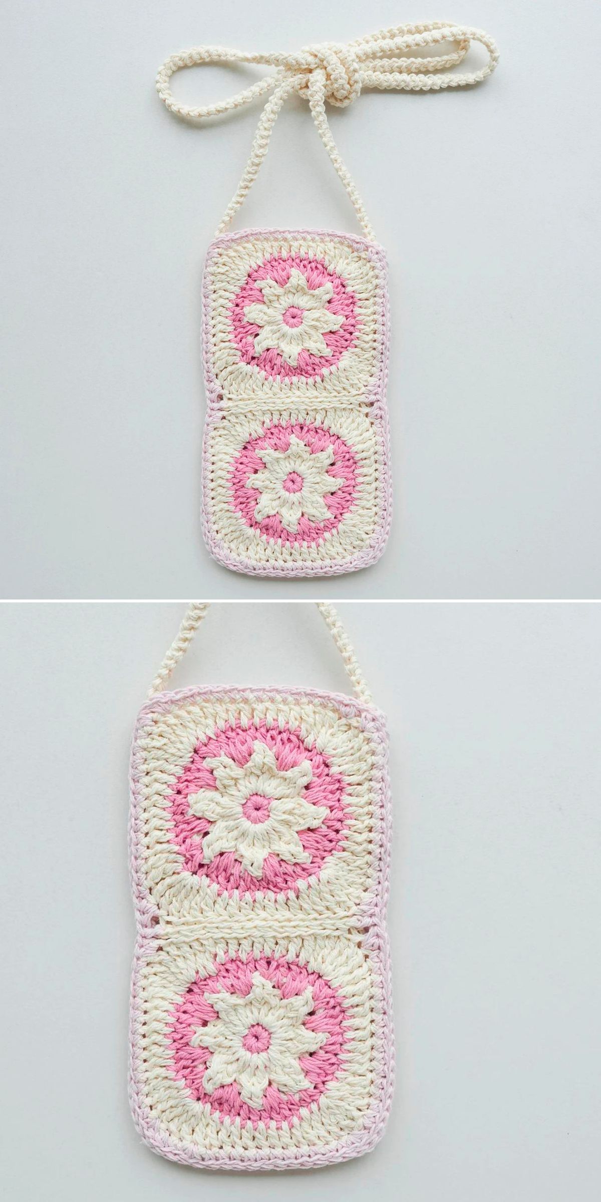 Two crocheted square panels with pink and cream floral patterns are joined vertically with a matching strap, forming a small handmade bag ideal for carrying essentials like phone cases.