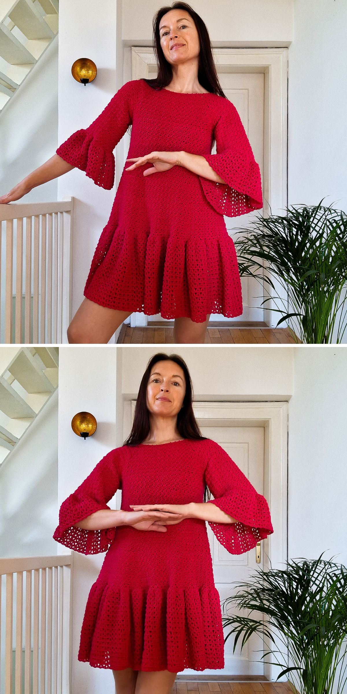 A woman stands indoors wearing a vibrant red crochet dress with long flared sleeves and a ruffled hem; she poses with arms raised in two similar photos.
