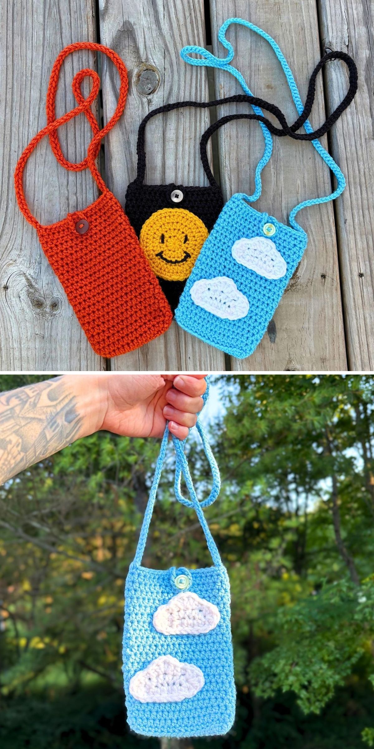 Three crocheted crossbody bags with button closures — one in red, one in black with a yellow smiley face, and one blue with white clouds. The blue bag is shown outdoors below. These versatile bags can also double as stylish phone cases.