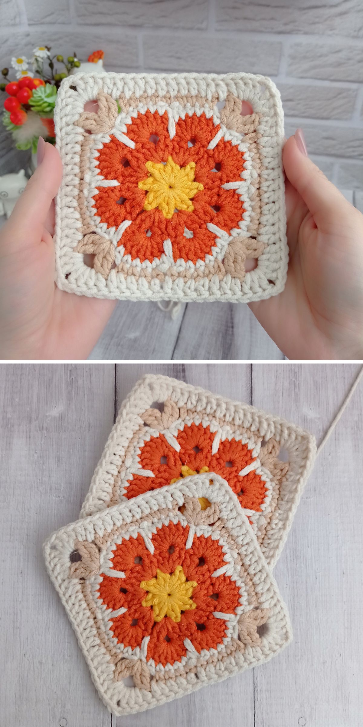 Two images show Crochet Flower Square designs with a yellow center, orange petals, and a beige border—one held in hand, the other laid flat.