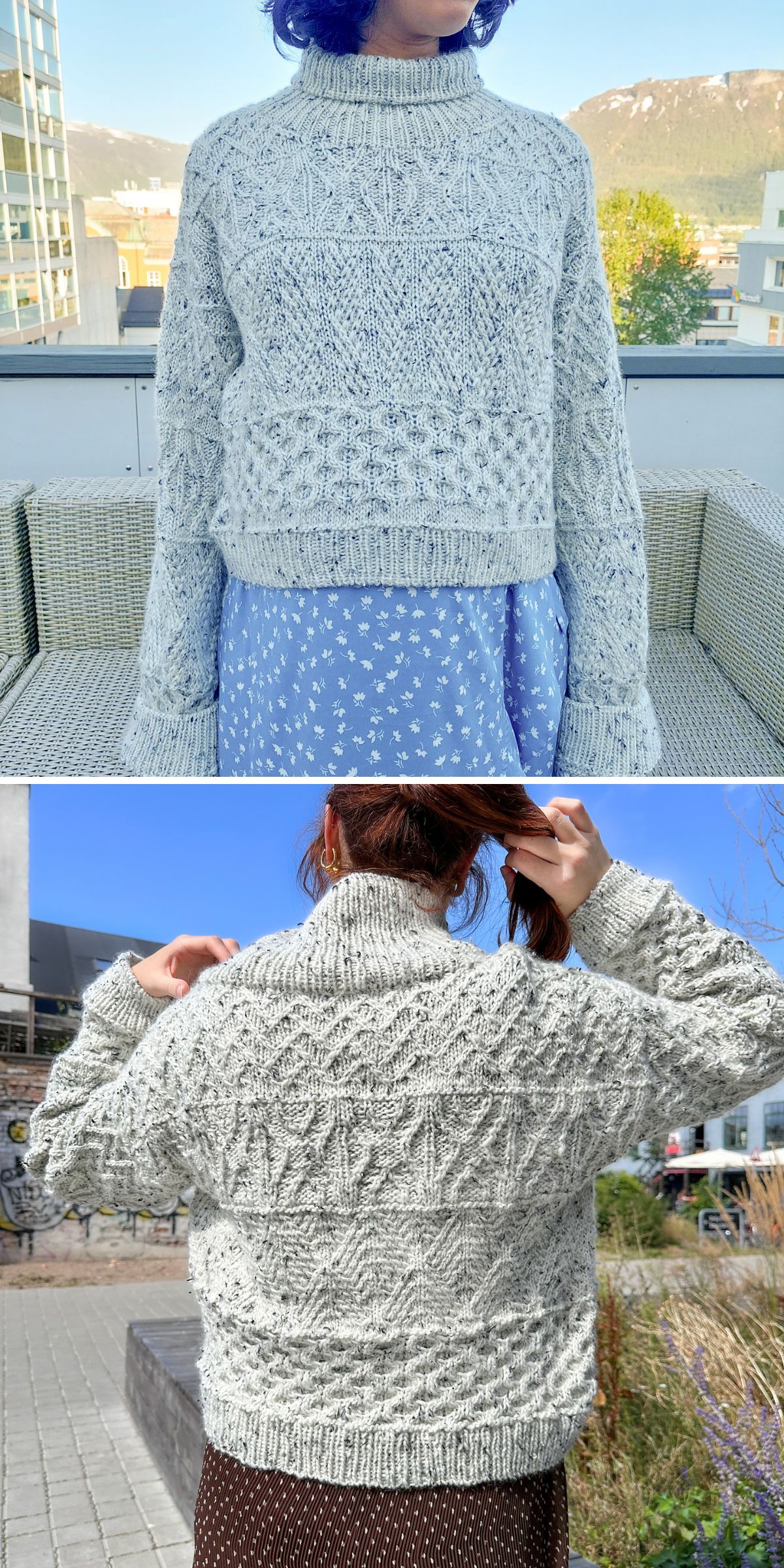 A person wearing a light grey textured knit sweater, crafted with classic knitting patterns for sweaters, is shown from the front and back while standing outdoors in a city setting.