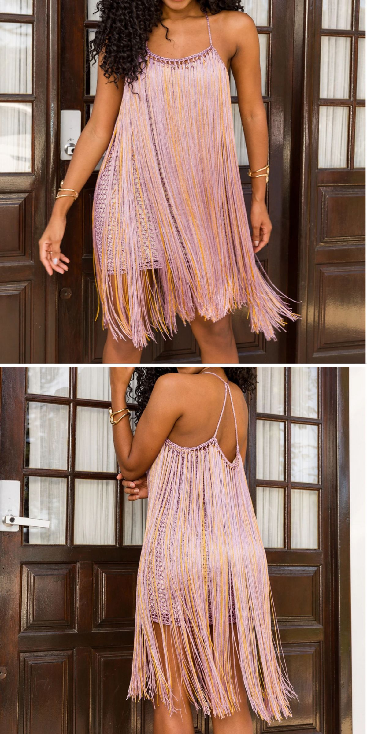 A woman stands in front of wooden doors wearing a sleeveless, above-the-knee crochet dress with long, multicolored fringe details, shown from the front and back.