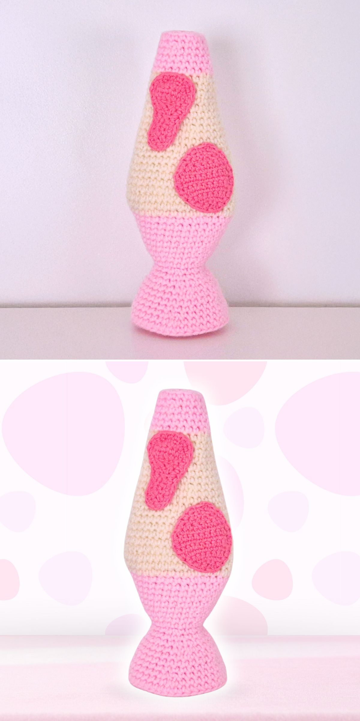 A lava lamp covered with a pink and cream crochet cozy, featuring bright pink blob patterns, perfect for adding playful crochet home decor style, shown against white and pink backgrounds.