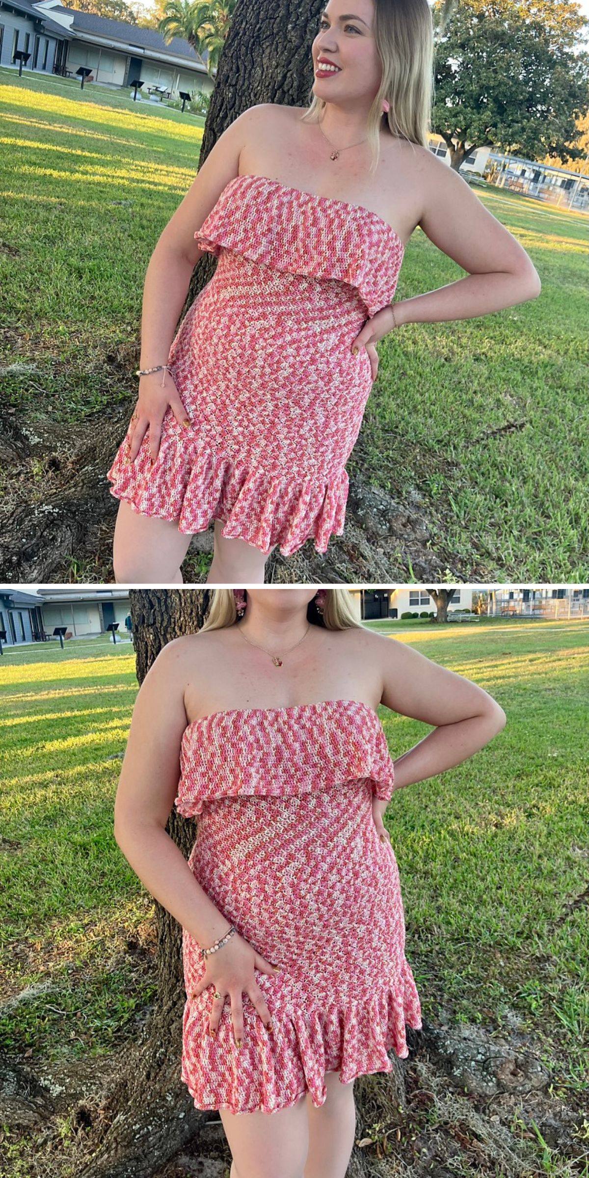 A woman wearing a red and white strapless, ruffled crochet dress stands outside on grass near a tree, posing with her hands on her hips.
