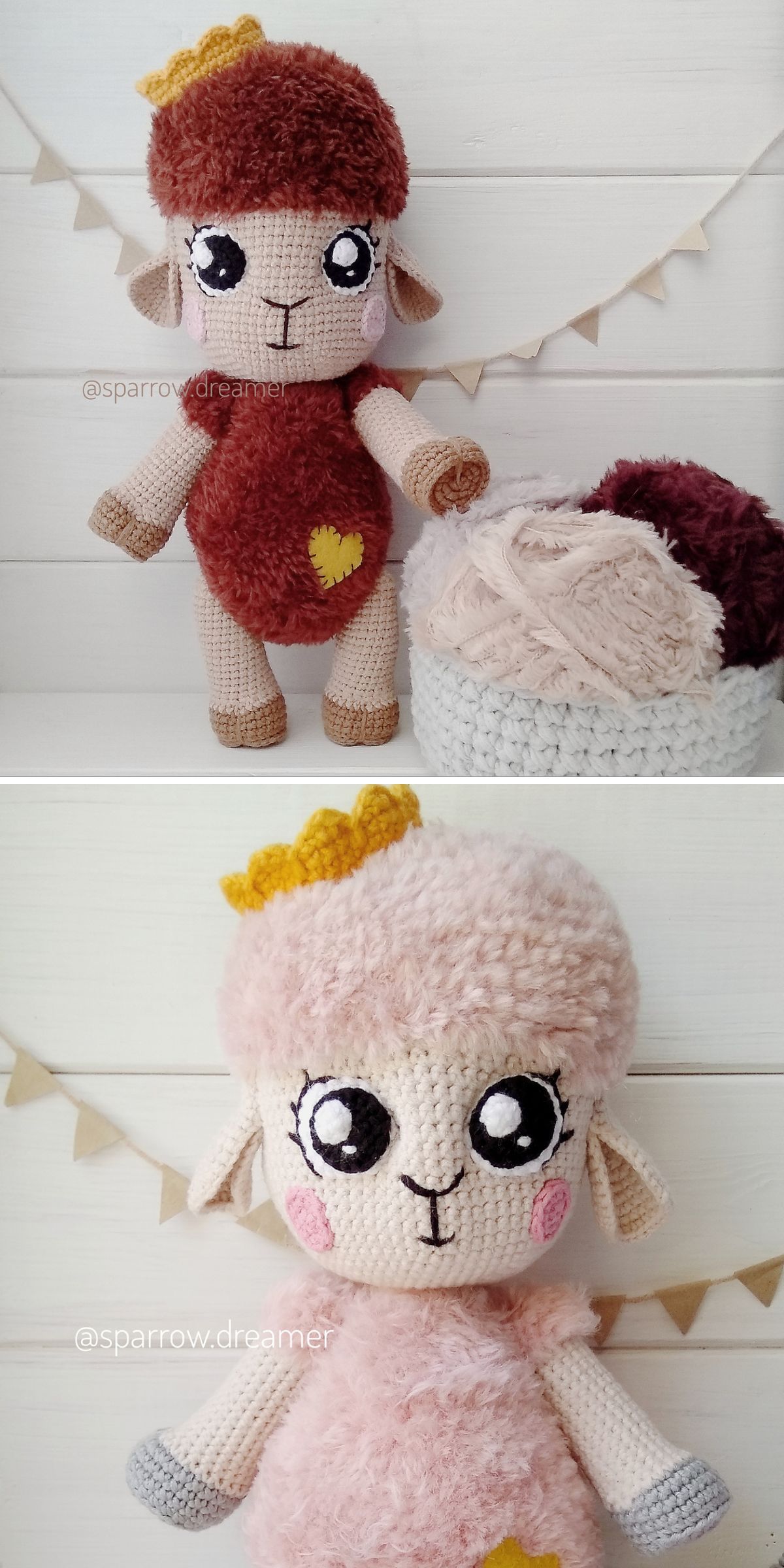 Two crocheted plush sheep, one brown with a yellow heart and one pink with a crown, are displayed alongside a chunky yarn basket and a crochet llama, set against a white background with triangular bunting.