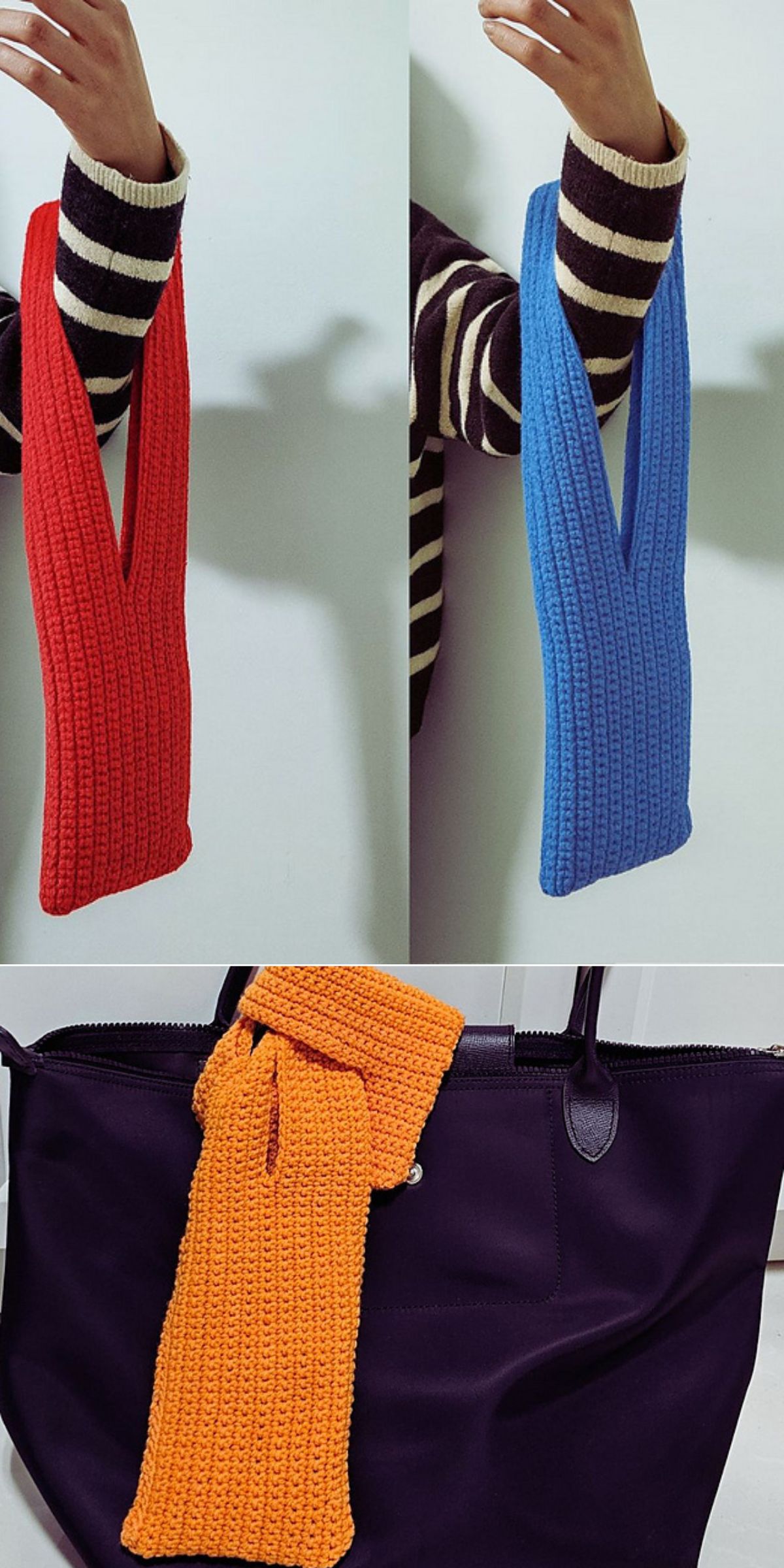 Three images show crochet scarf-like bag handles in red, blue, and orange — one person holds the red and blue ones, while the orange handle is attached to a black bag alongside colorful phone cases.