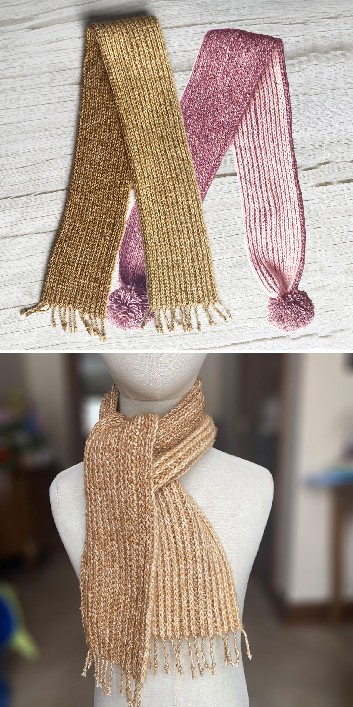 Top: Two ribbed crochet scarves, one gold with a pompom and one pink with a pompom, lie side by side, resembling a crochet skinny scarf style. Bottom: The gold scarf is wrapped around a mannequin’s neck.