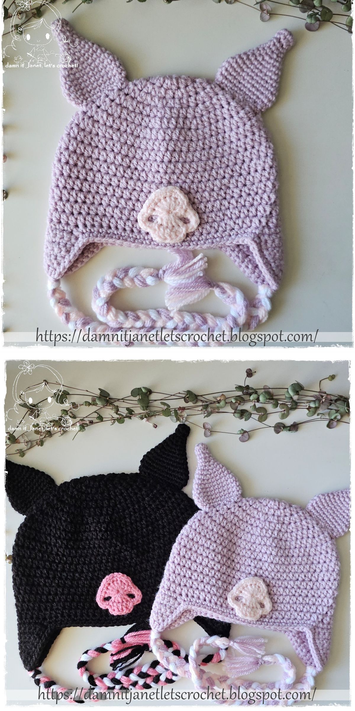 Two crochet baby Kuromi hats with pig snouts and ears — one in light pink, the other in black — are displayed on a white surface, featuring braided ties and greenery in the background.