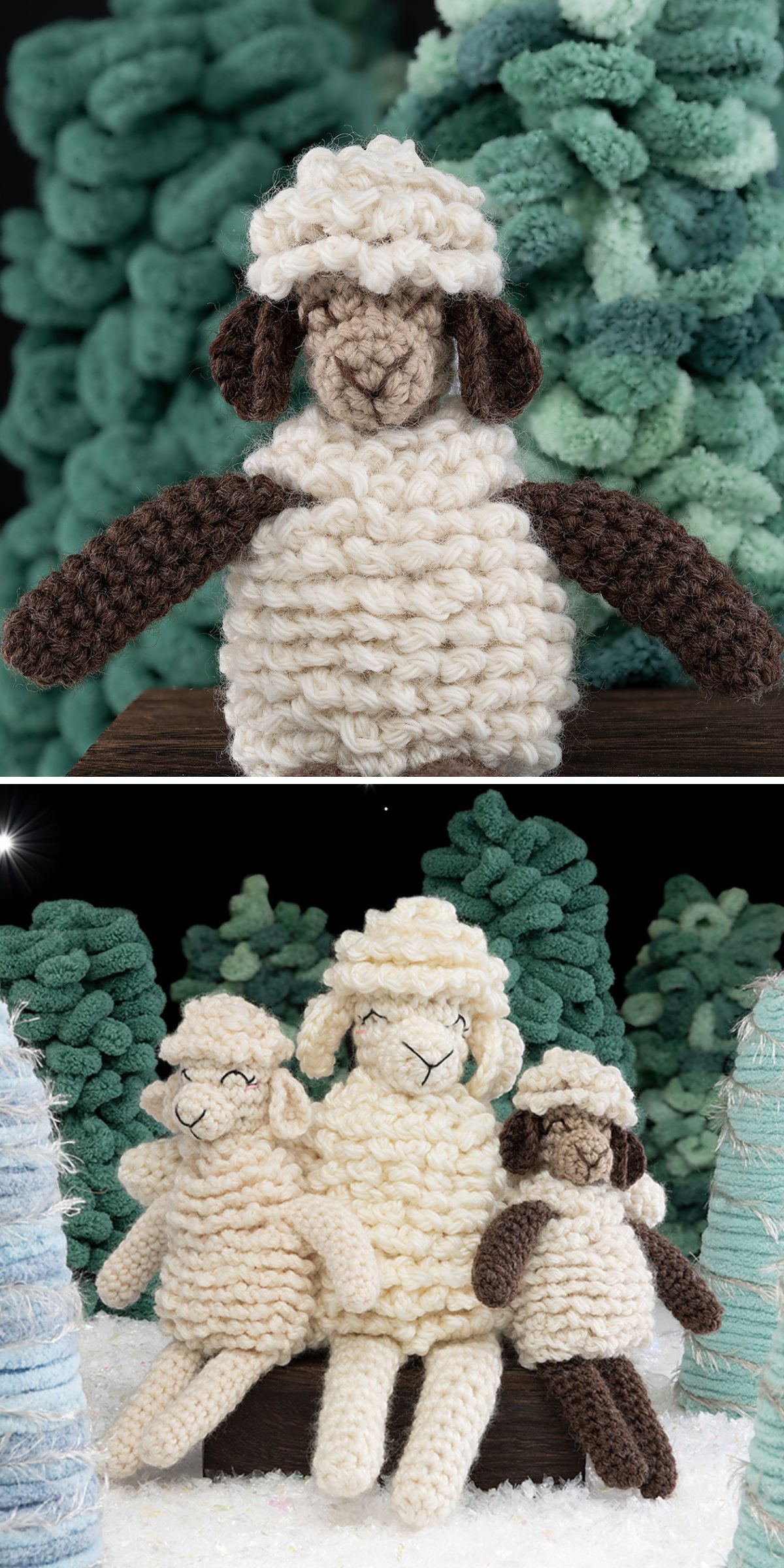 Two photos: the first shows a close-up of a crochet sheep toy; the second features three crochet sheep toys sitting together in front of textured, green trees, alongside a charming crochet llama for added whimsy.