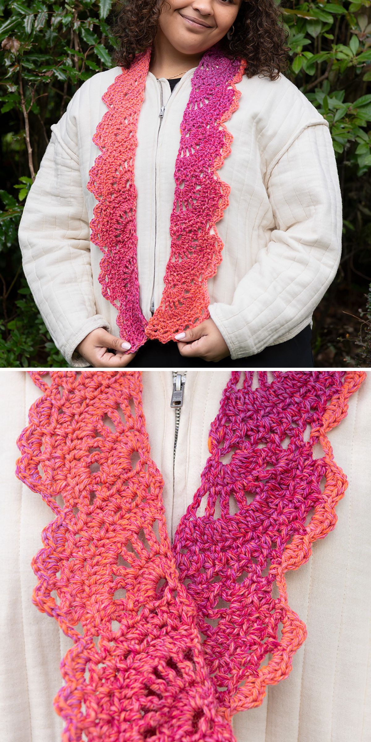 A person wearing a cream-colored jacket displays a crocheted coral and magenta scarf with a scalloped edge. Close-up shows the scarf’s detailed stitching.