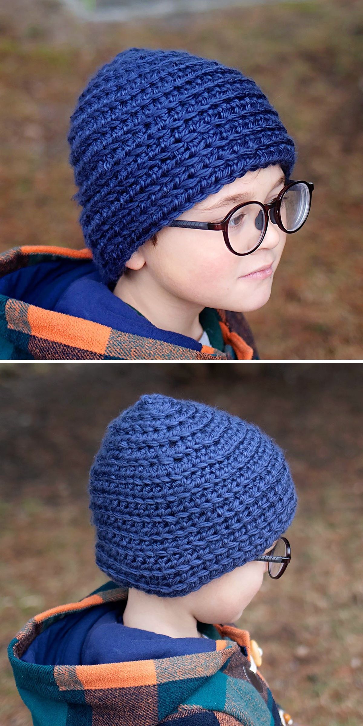 A young child wearing a crochet baby hat in blue, glasses, and a plaid jacket is shown outdoors, with front and back views of the hat.