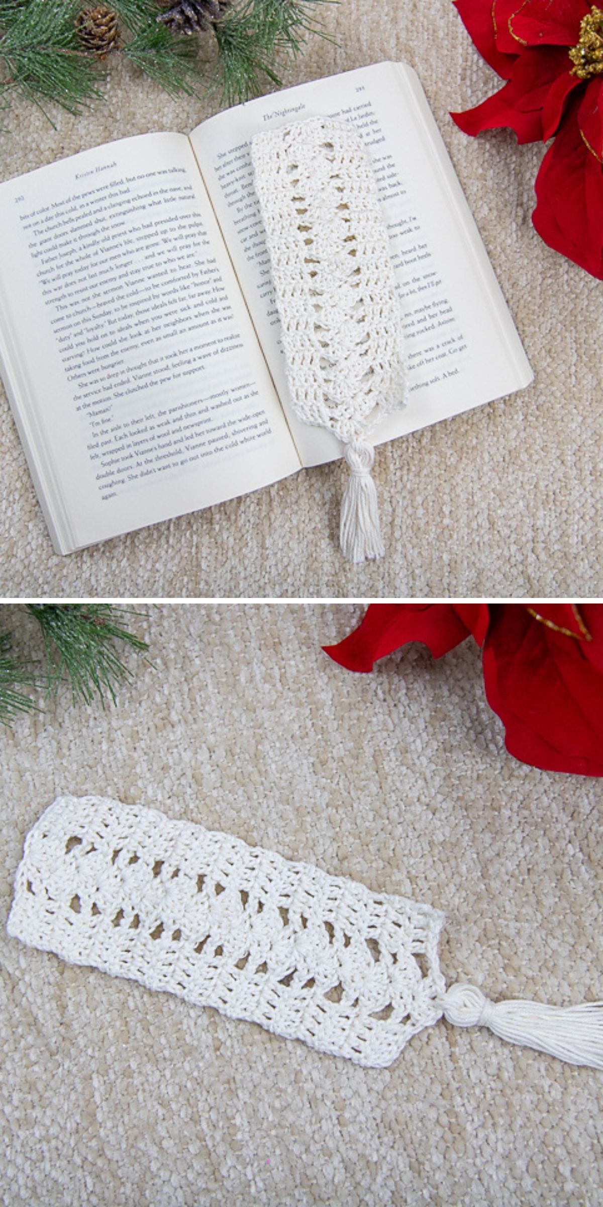 A crochet bookmark with a tassel is shown resting on an open book and lying on a beige surface, surrounded by red flowers and pine branches.
