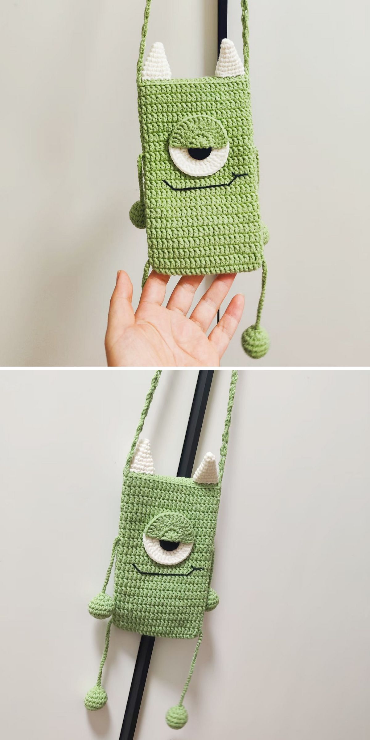 A hand holds a green crochet pouch with a monster face, white horns, and a long strap—perfect for use as quirky phone cases—shown from front and back views.