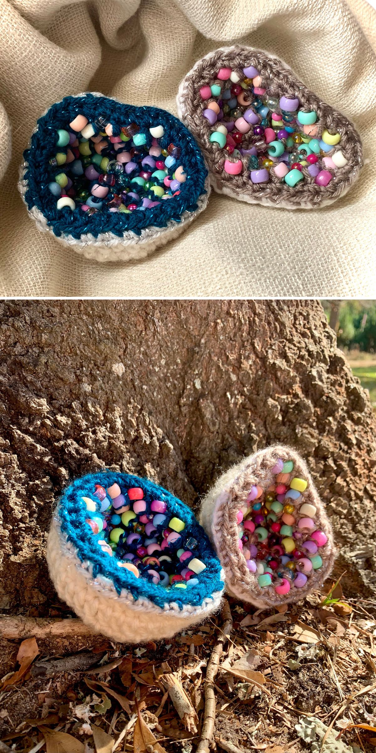 Two crocheted geode sculptures with colorful bead interiors are displayed on a fabric surface and outdoors against a tree trunk, adding unique crochet home decor flair to any setting.