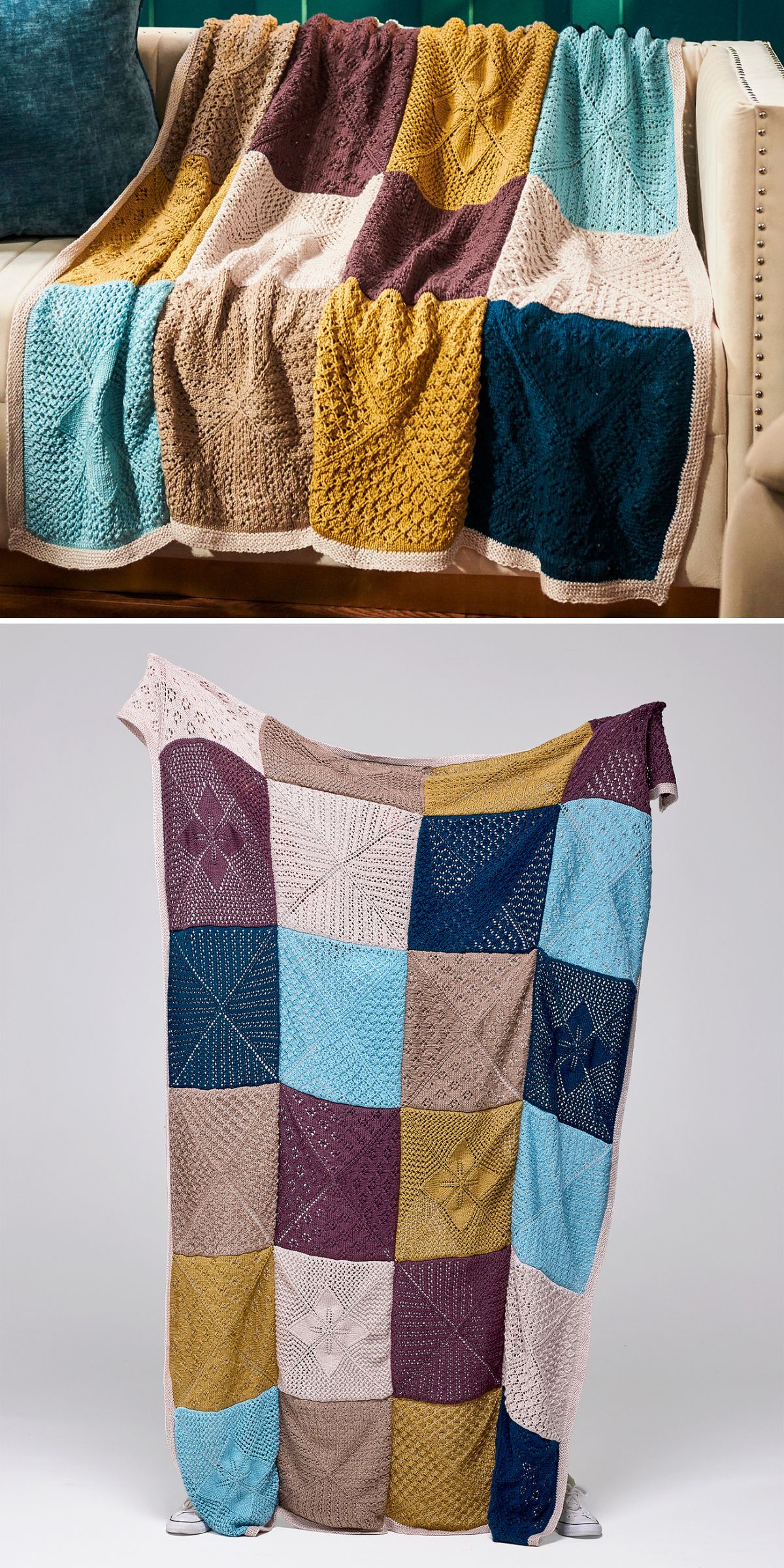 A cozy knitting blanket with square sections in blue, mustard yellow, brown, beige, and teal is draped over a couch and held upright for display.
